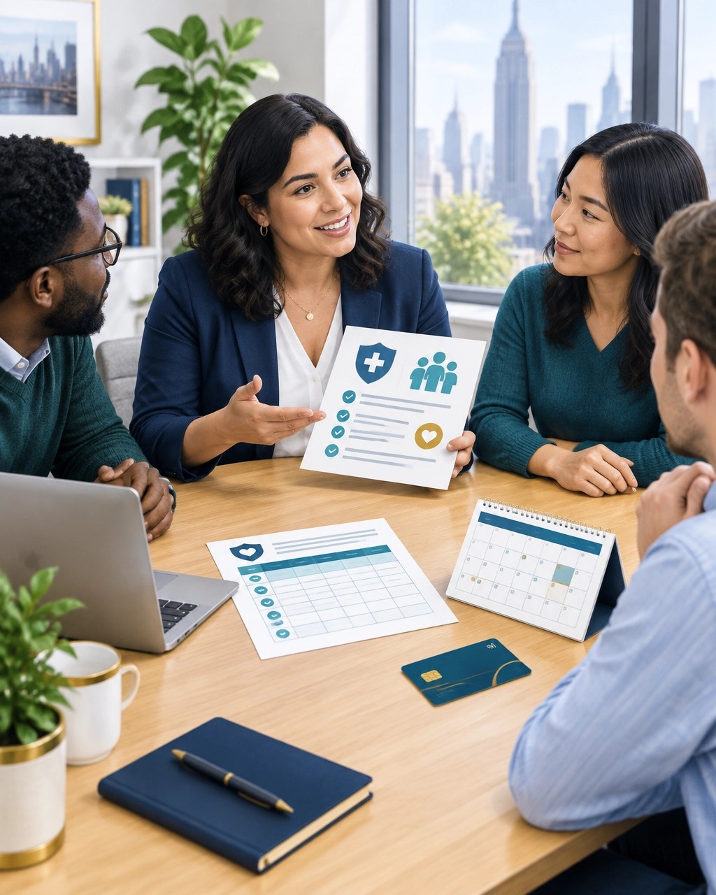 New York small-business employer explaining an HSA, deductible, payroll contributions, and employee coverage around a conference table