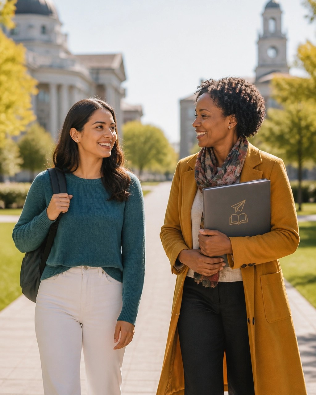 A student and mid career professional walking together on a university campus pathway after a meaningful mentoring conversation