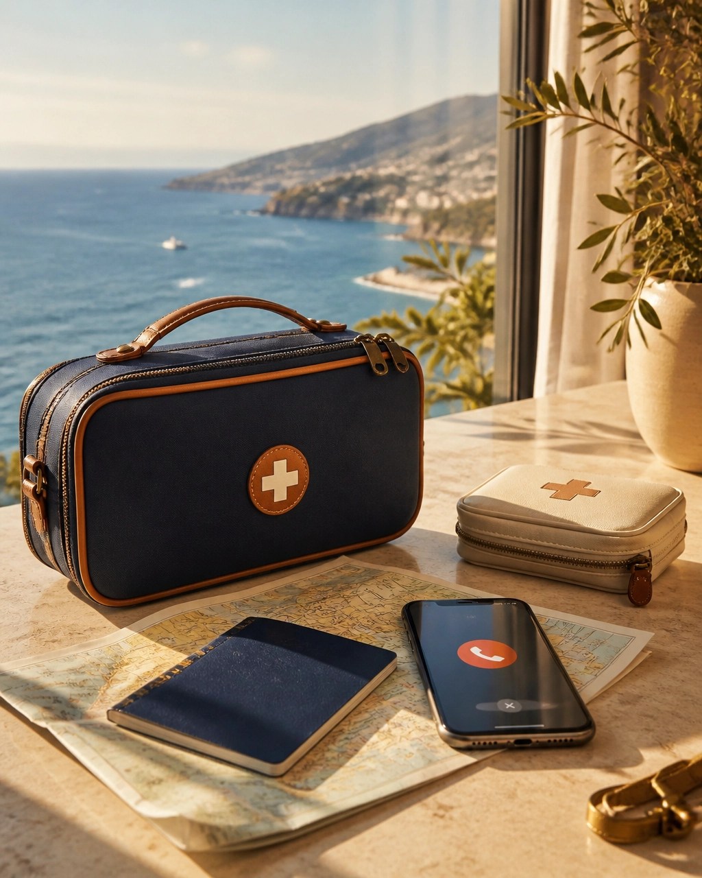 Premium travel medical kit, passport, phone, and map arranged near a sunlit coastline