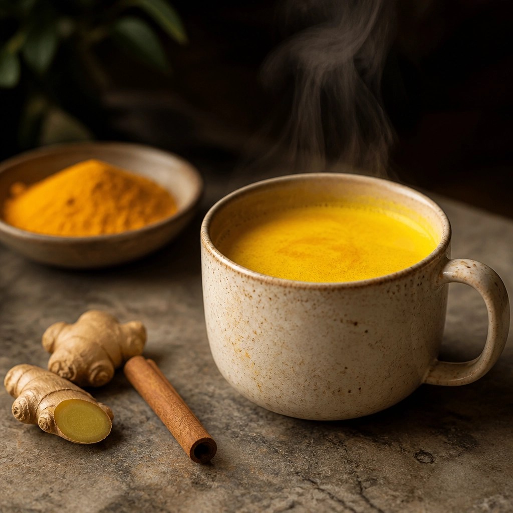 Una taza de Leche Dorada con cúrcuma y especias en un ambiente tranquilo
