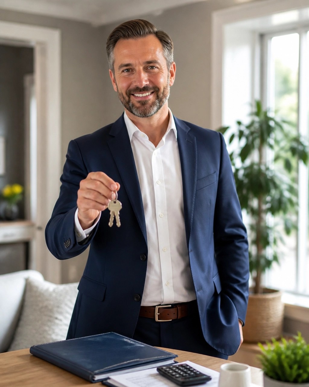 Rental property owner holding house keys while reviewing investment financing plans