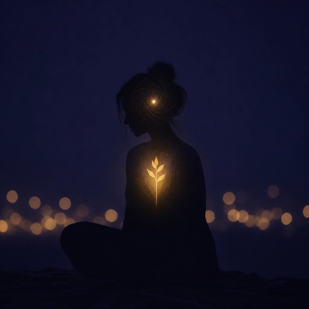 A silhouette of a woman in a reflective pose against a deep indigo background, with a soft golden glow in her chest and mind, representing the internal shift of frequency and the beginning of inner renewal.