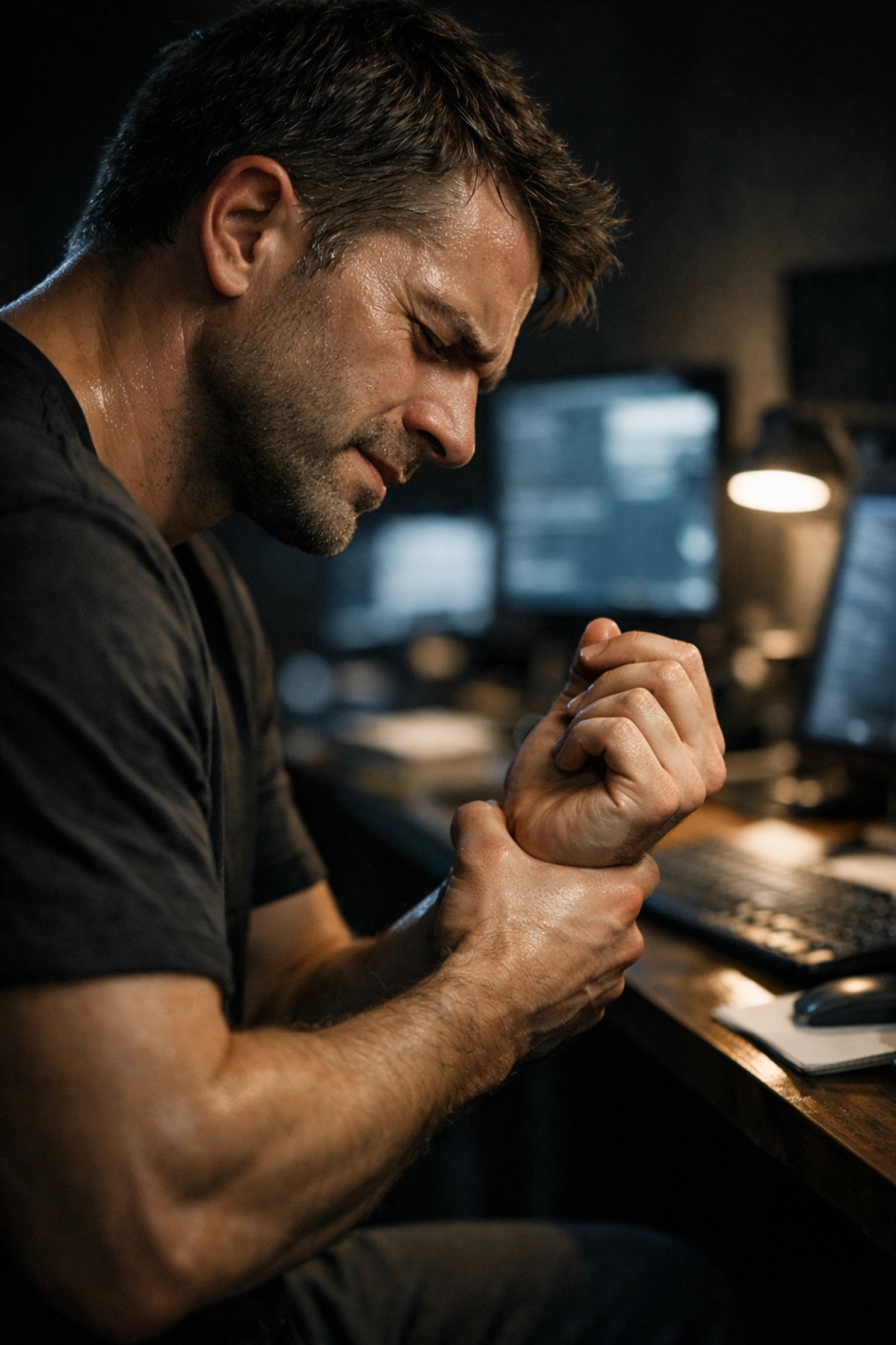 A man massaging his strained wrist at a desk, illustrating repetitive strain injury and the need for muscle recovery.