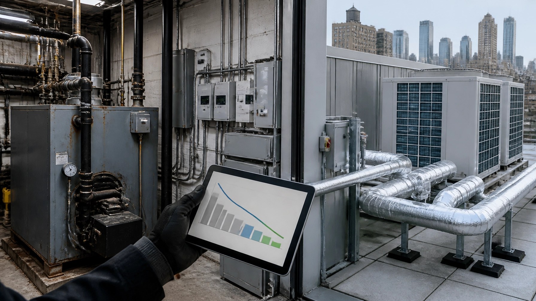 Commercial building mechanical room showing legacy gas equipment alongside electrification and submetering systems