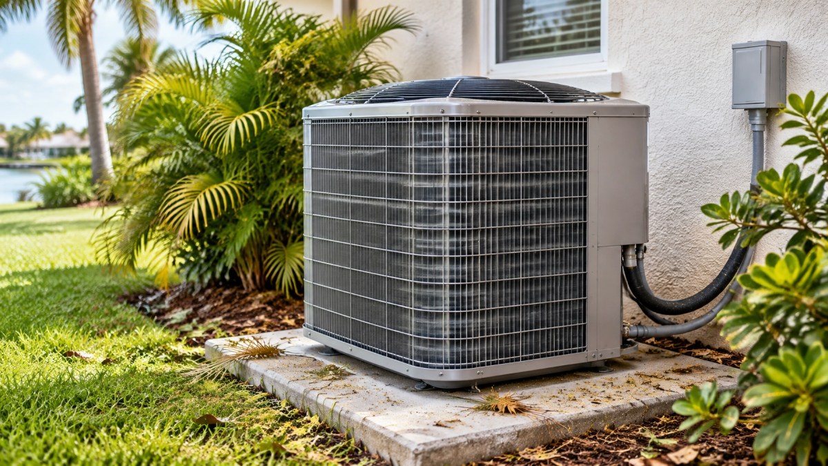 Bright Southwest Florida outdoor condenser prepared for air conditioner cleaning, with clean coils, palm greenery, and subtle seasonal storm debris