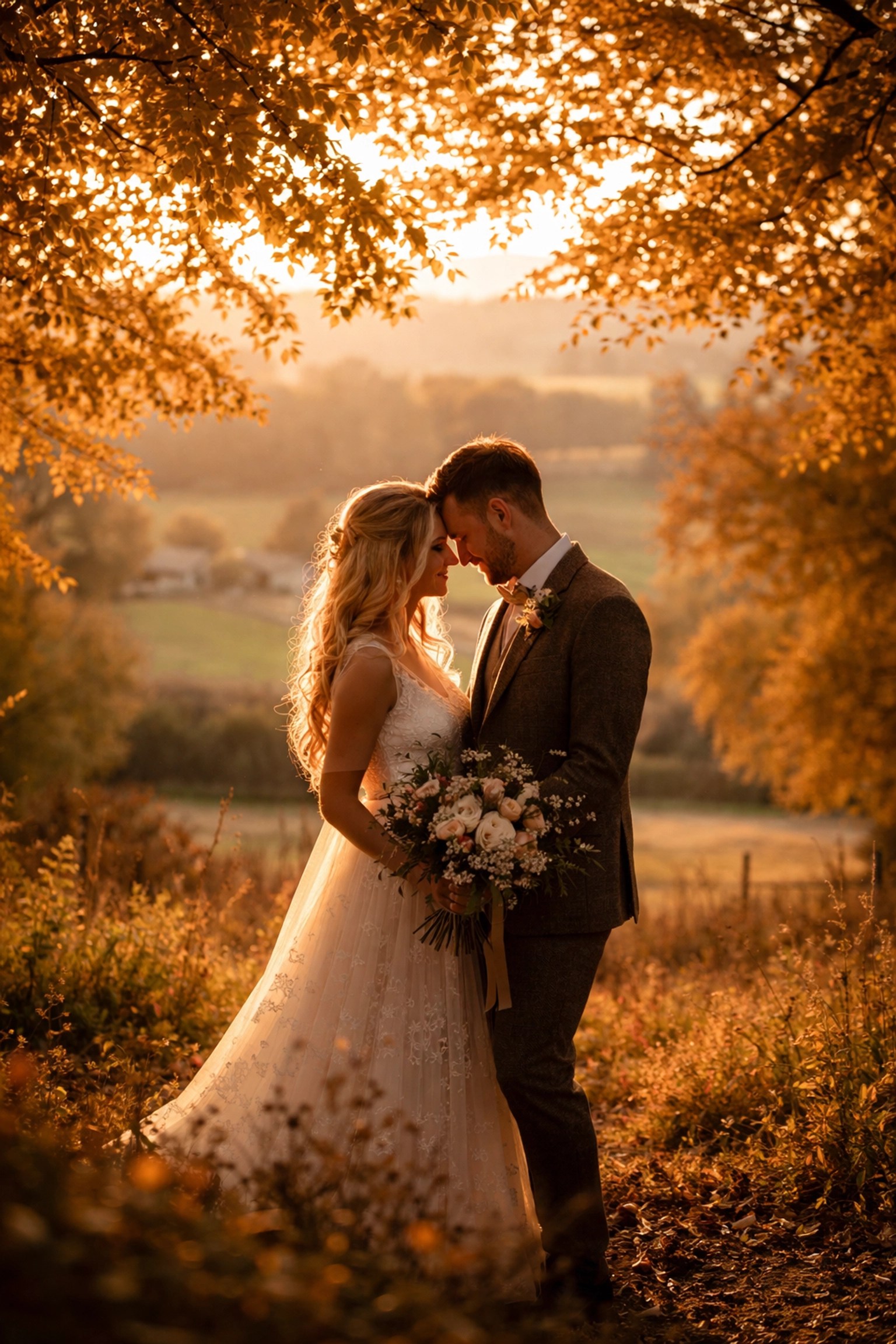 Bride and groom under amber autumn leaves in Kent countryside during golden hour, perfect for wedding photography