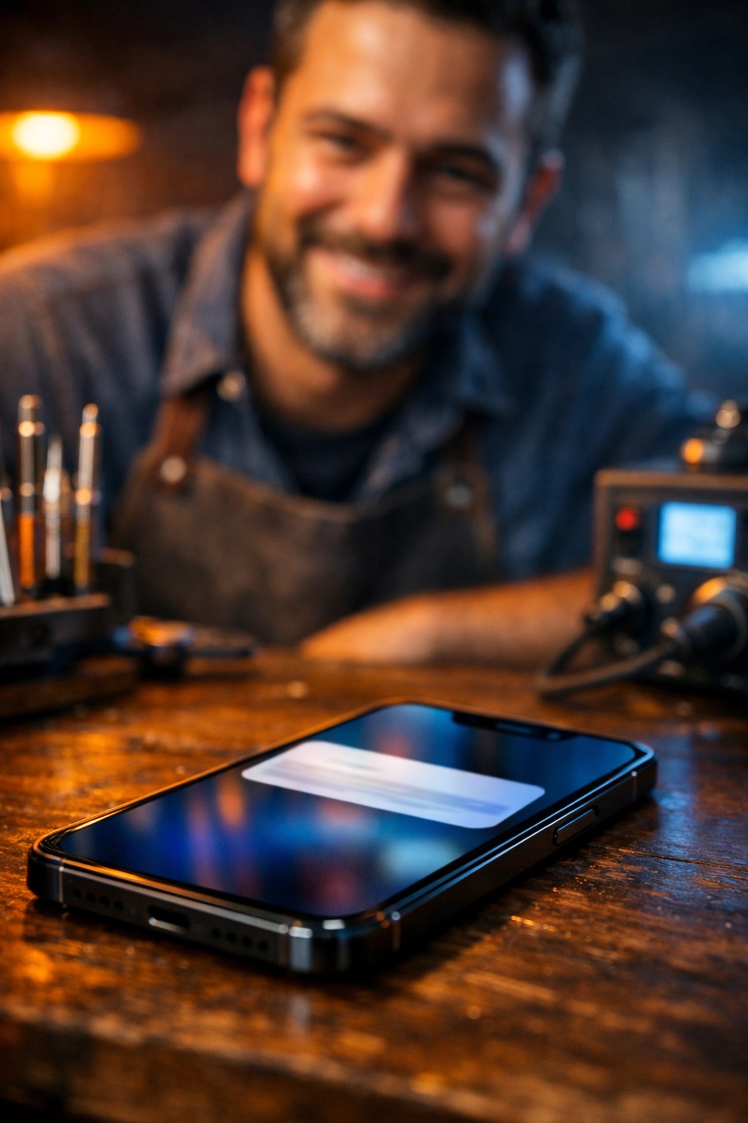 iPhone screen replacement showing an unknown part message notification on a repair technician's workbench.