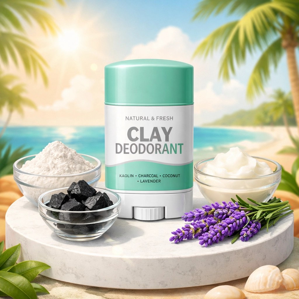Clay-based natural deodorant surrounded by kaolin clay, activated charcoal, and essential oils