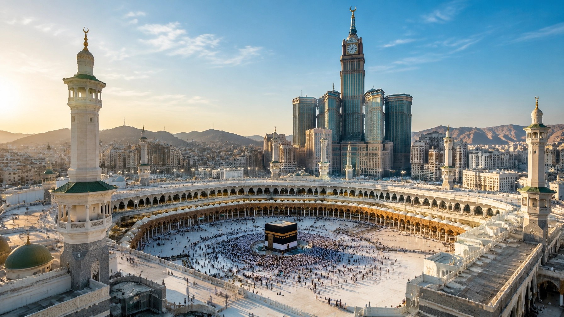 A dignified daytime view of Masjid al-Haram in Makkah, shown from a distant elevated viewpoint with immense scale and serene architectural detail