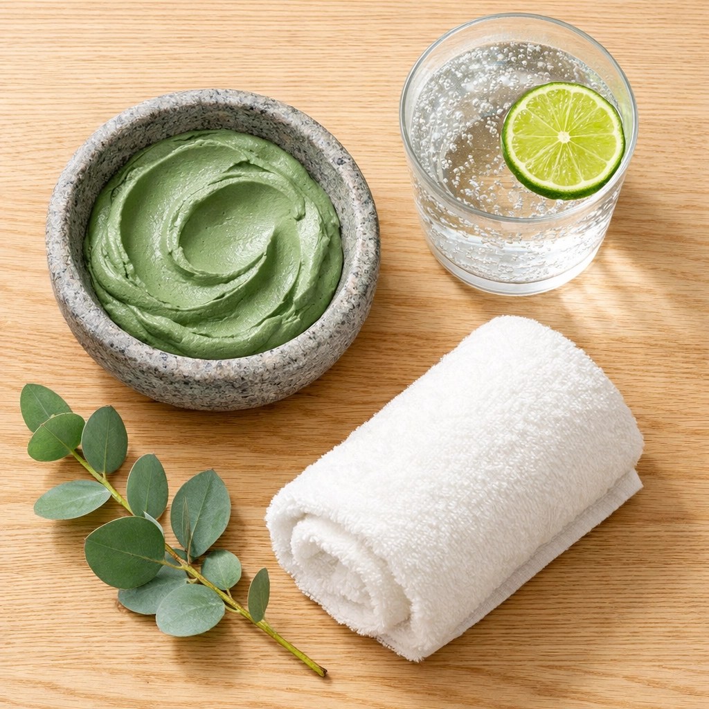 Smooth green clay paste in a stone bowl for a natural wellness and detoxification ritual.