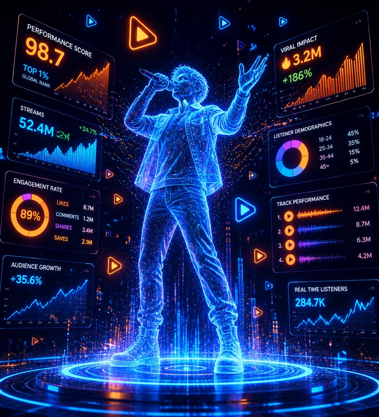 Holographic artist surrounded by digital data charts representing media algorithm analytics.