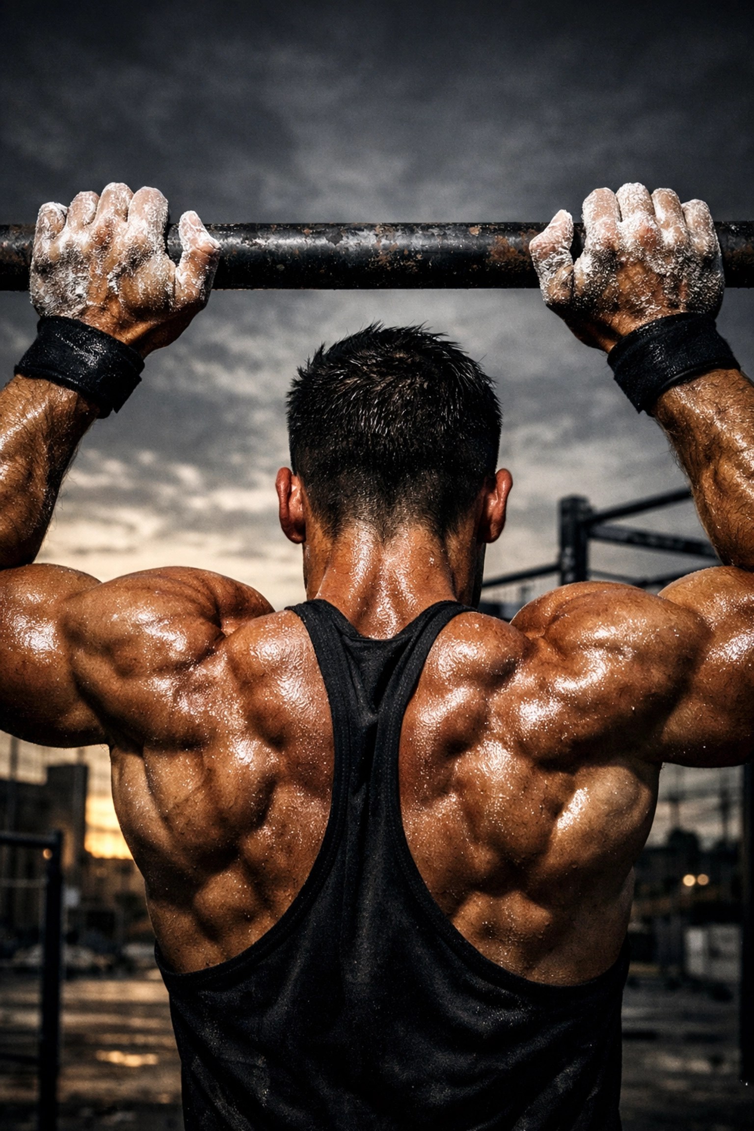Close-up of muscular back during a wide-grip pull-up for superior lat activation and width.