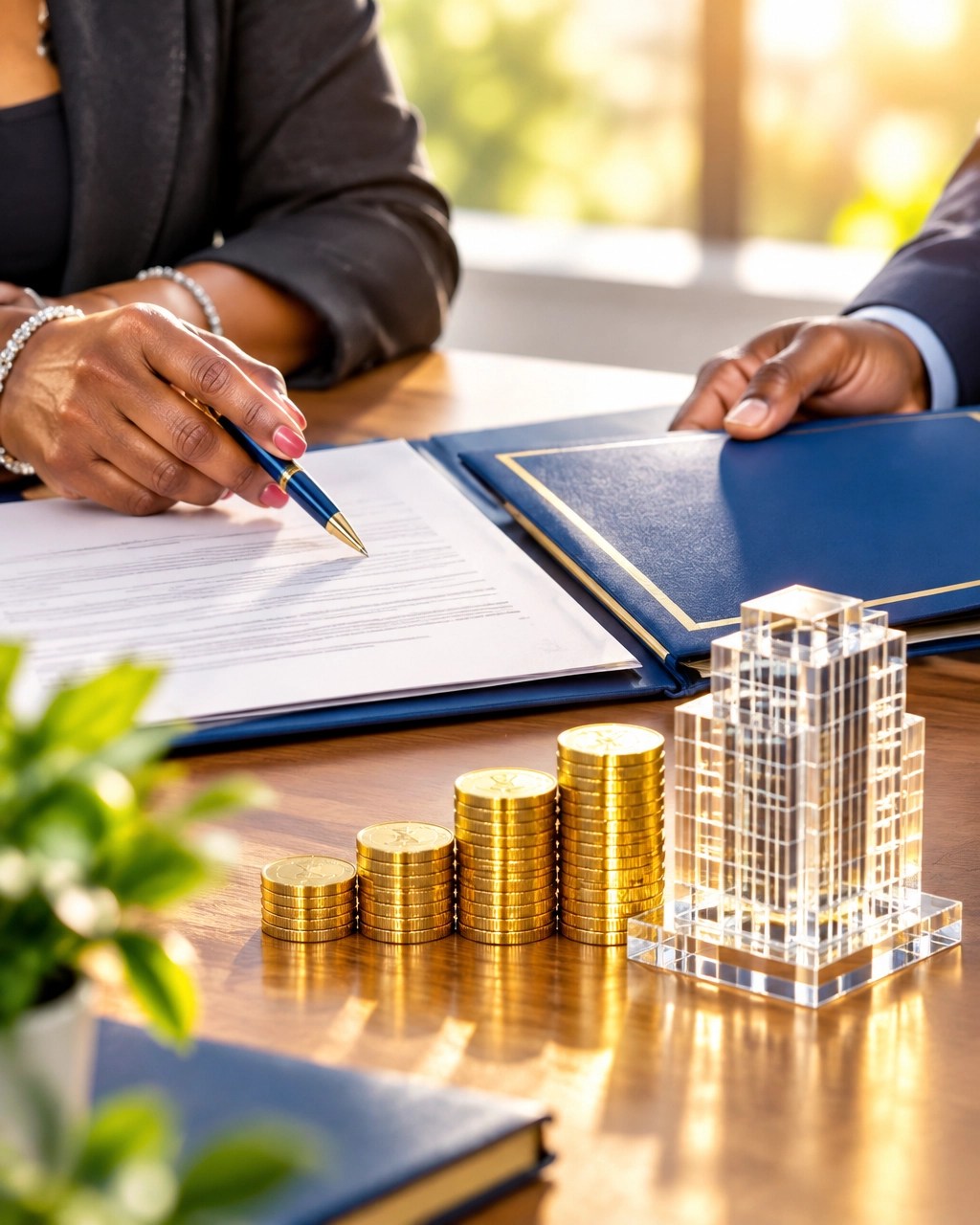 Close-up of business succession documents, a life insurance folder, a glass office building, and gold coins symbolizing company value