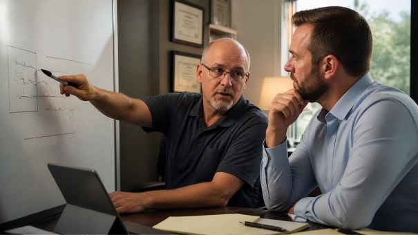 Insurance coach and agent reviewing conversation notes together during a practical coaching session