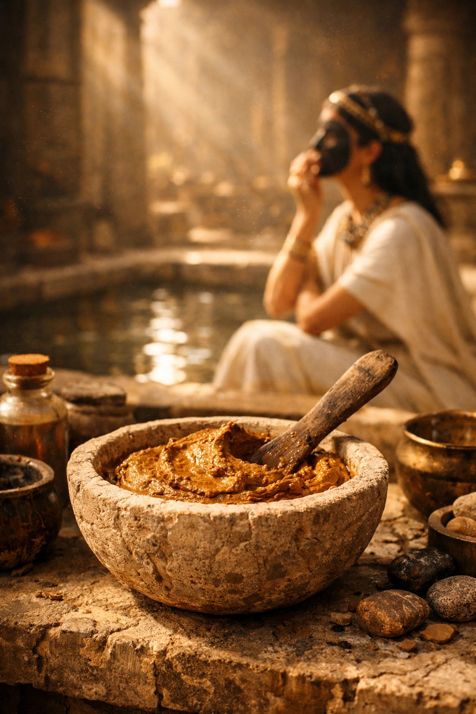 Ancient Egyptian healing clay in a stone bowl used as a natural remedy for skin and health.