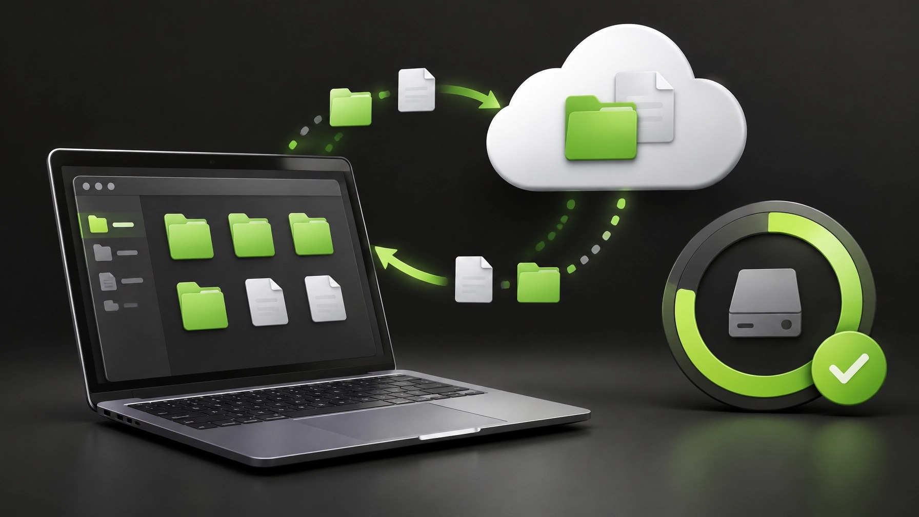Laptop and cloud folder icons with a sync check and storage indicator