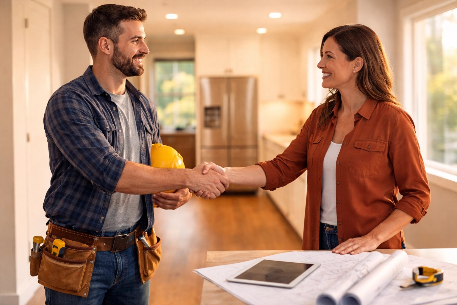 Contractor and homeowner shaking hands in a newly renovated home, highlighting quality craftsmanship