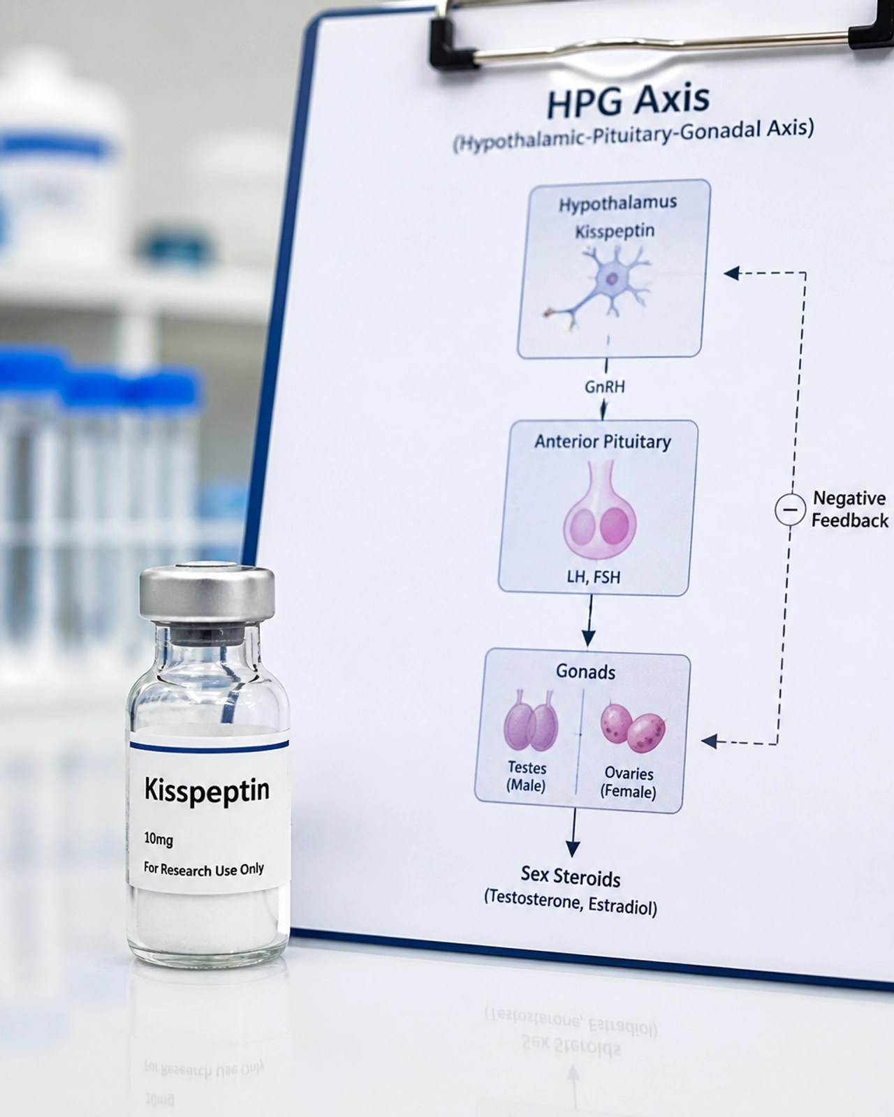 Kisspeptin vial and the HPG axis diagram