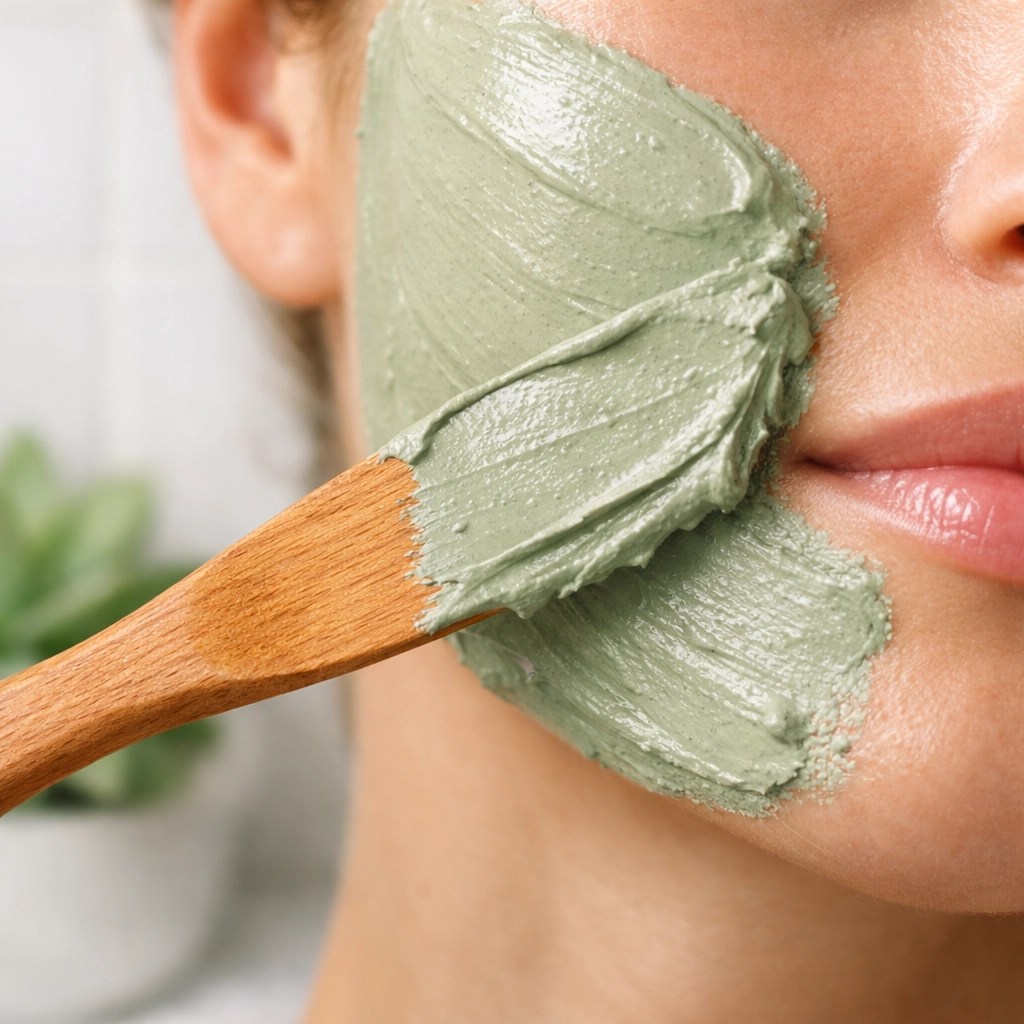 Close-up of a thick green clay mask application for a skin detox using Clayer #1 healing clay.