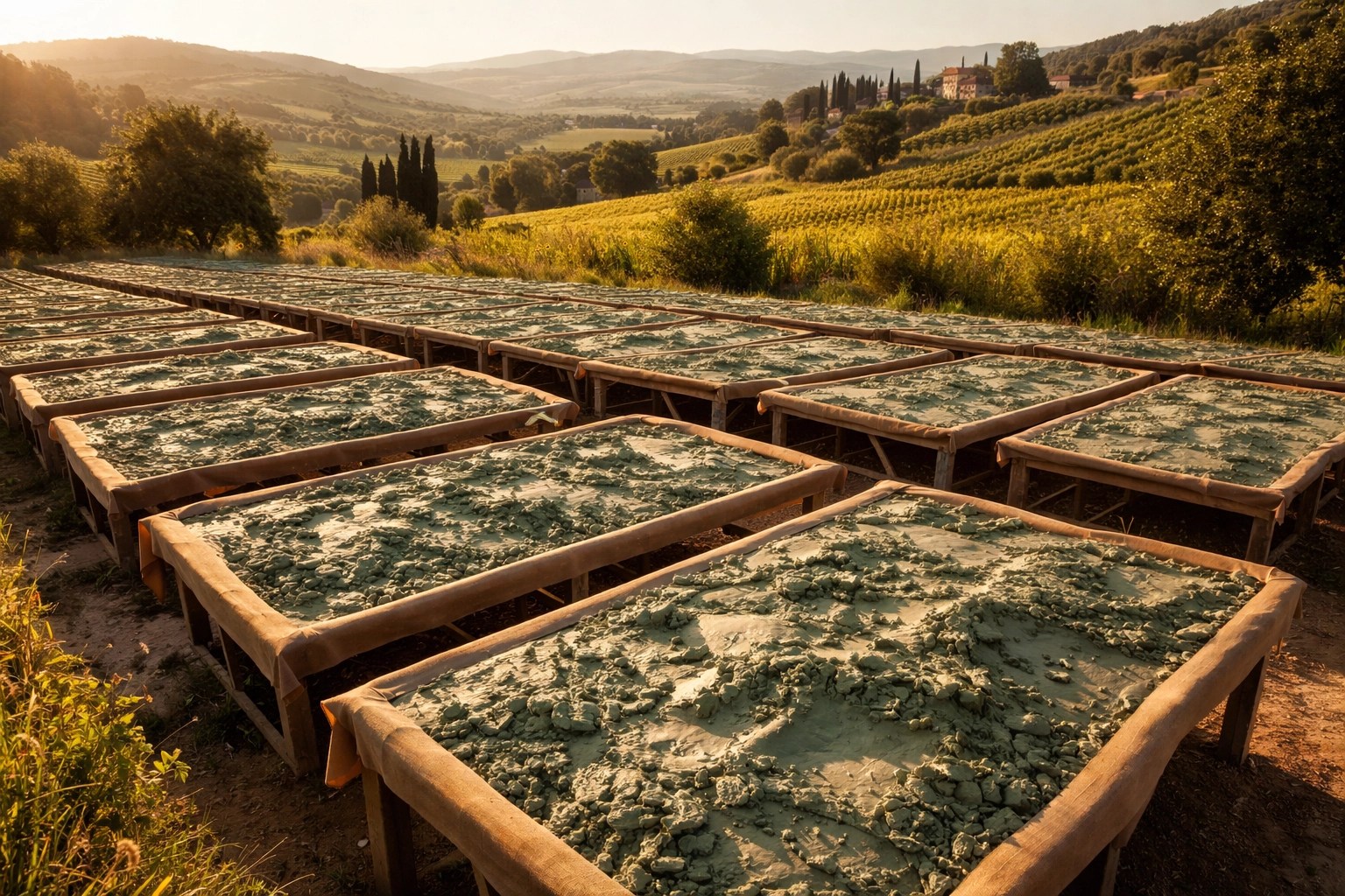 Raw French green clay spread on wooden drying tables under Mediterranean sunlight