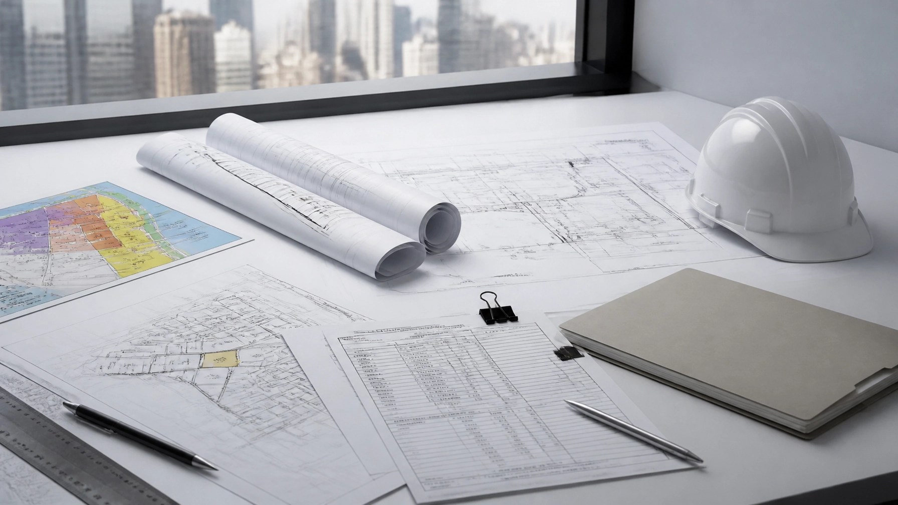Transaction closeout table with zoning plans, laboratory documentation, and construction records