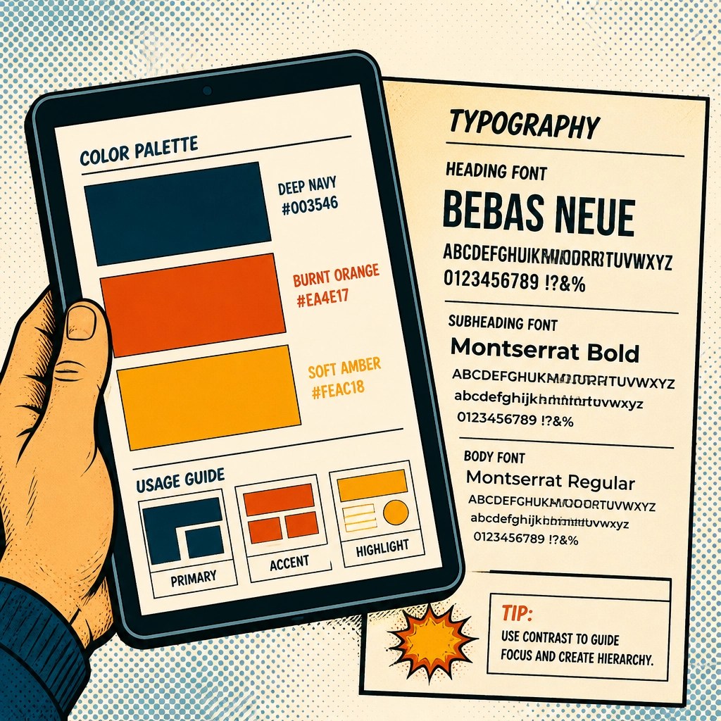 Hand holding a digital tablet displaying a private practice branding color palette in deep navy, burnt orange, and amber with typography examples, illustrating the visual identity decisions for a healthcare brand.