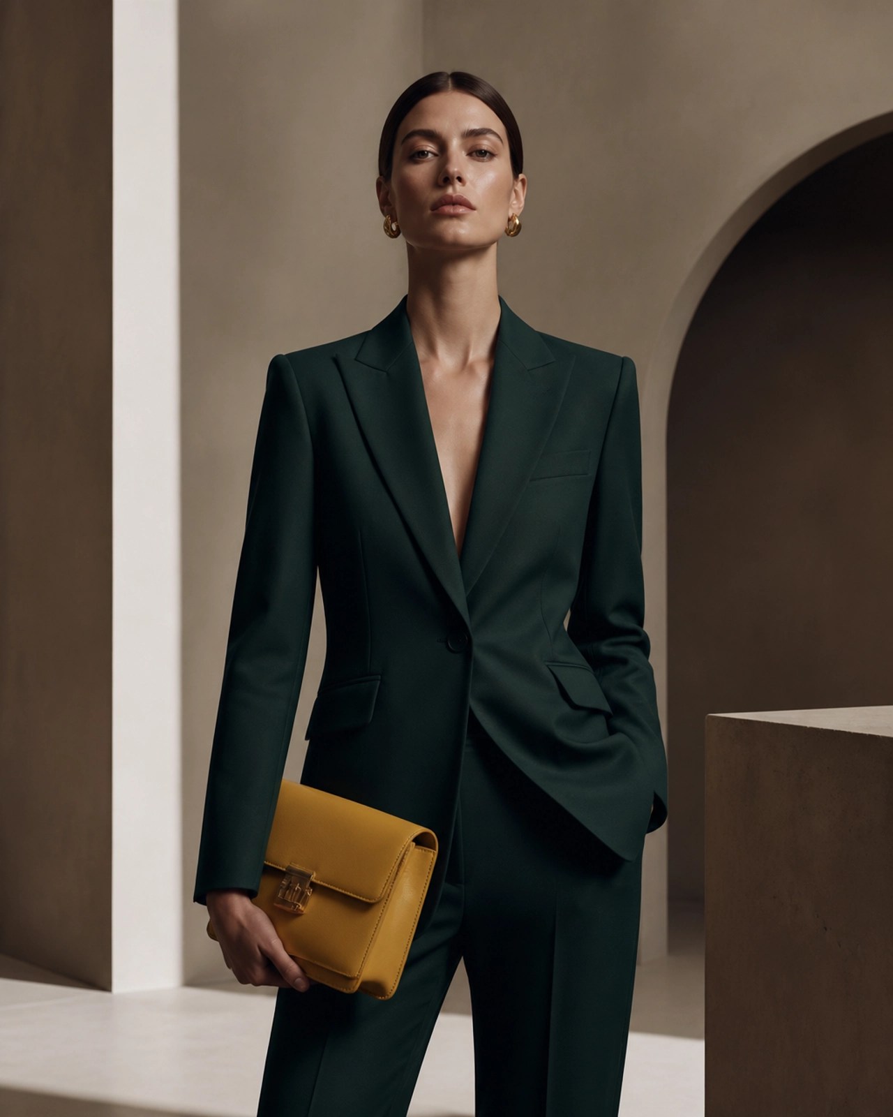 Elite fashion model in an emerald green blazer representing the Architecture of Permanence