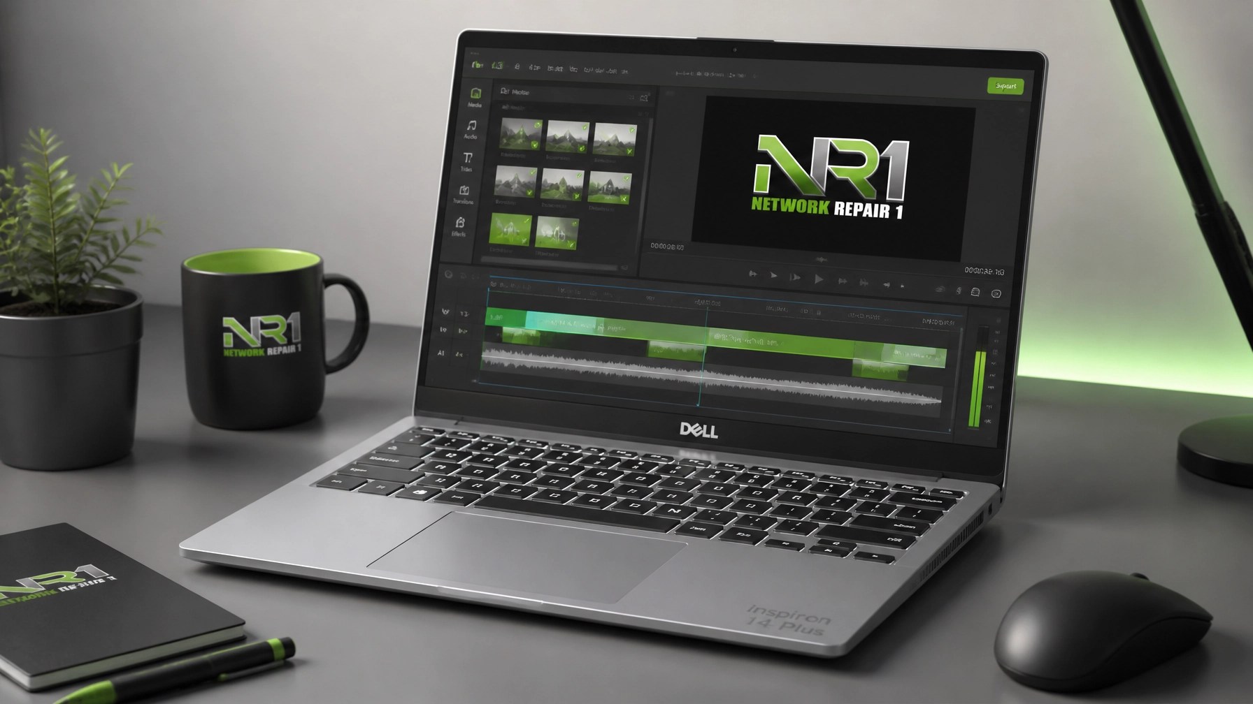 The Dell Inspiron 14 Plus illustrated with a video editing timeline on screen