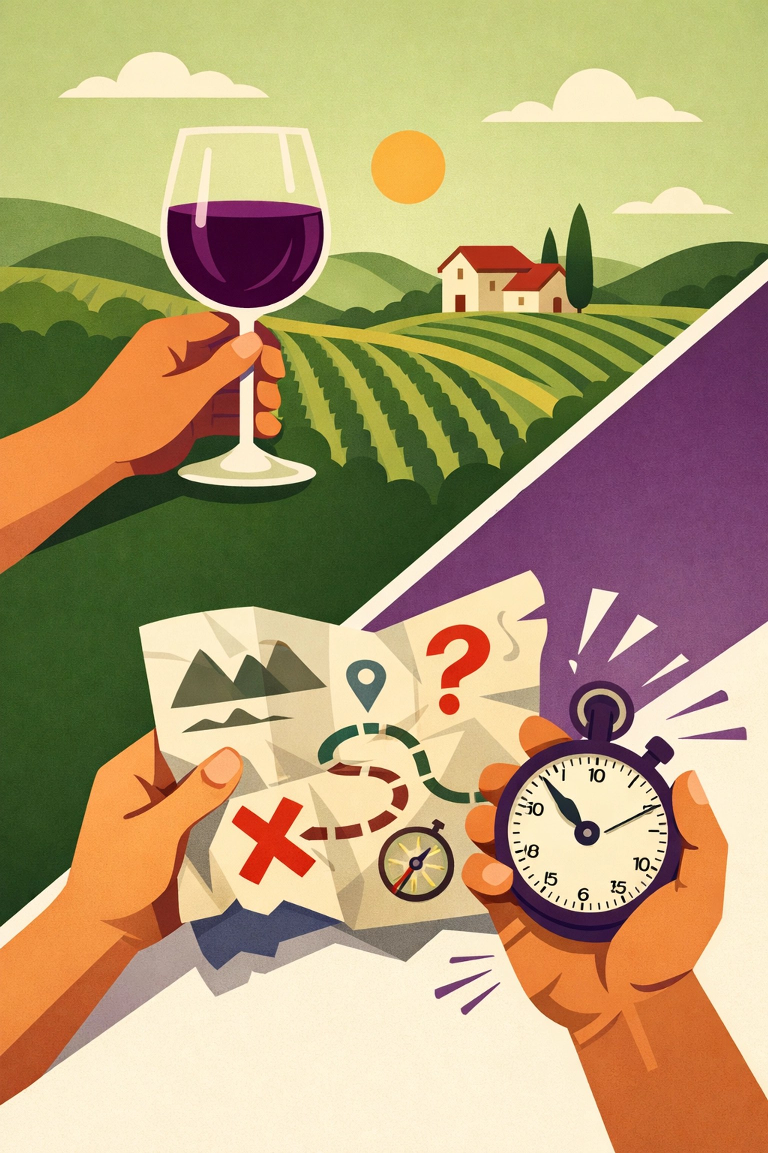 Illustration of the relaxation of a curated wine tour versus the stress of managing travel logistics.