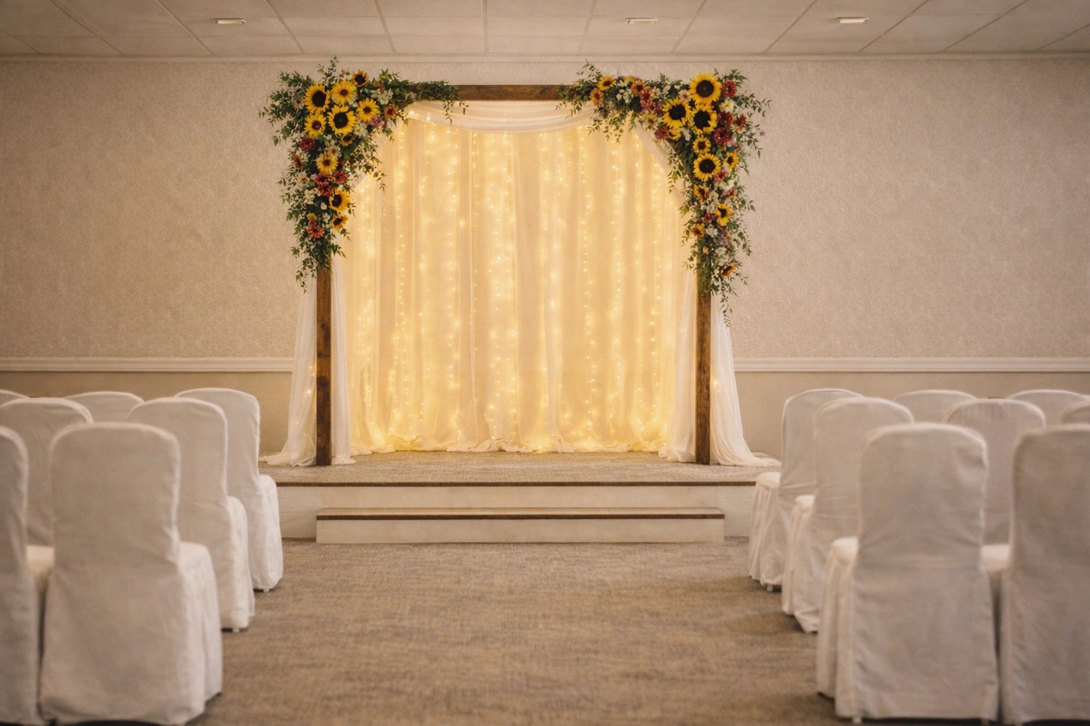 Summer ceremony arbor with sunflowers and zinnias in Price Creek Event Center’s indoor ceremony room near Iowa City and Cedar Rapids