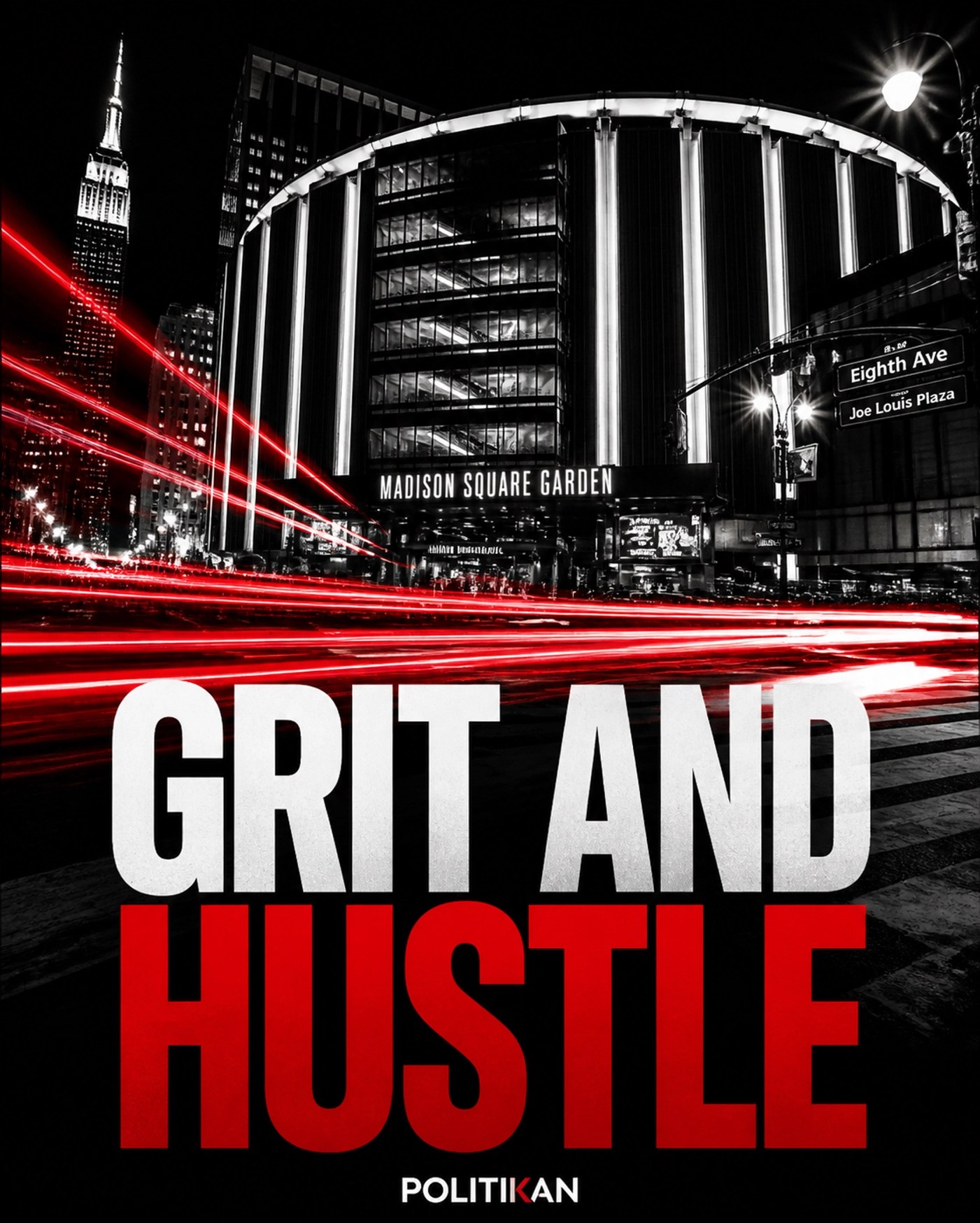 Long exposure of Madison Square Garden at night representing urban grit and the hustle of basketball culture.