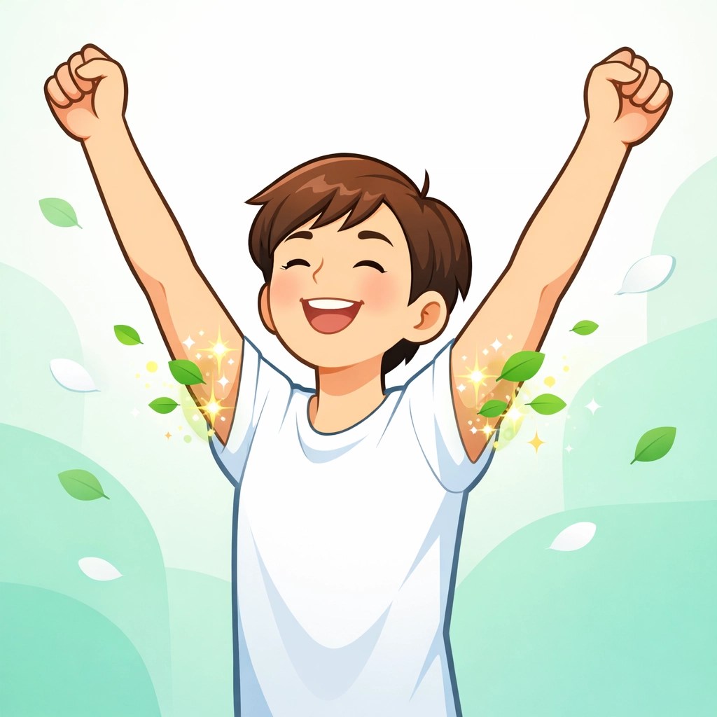 A person with arms raised feeling refreshed, illustrating healthy breathing skin after using plant-based deodorant.
