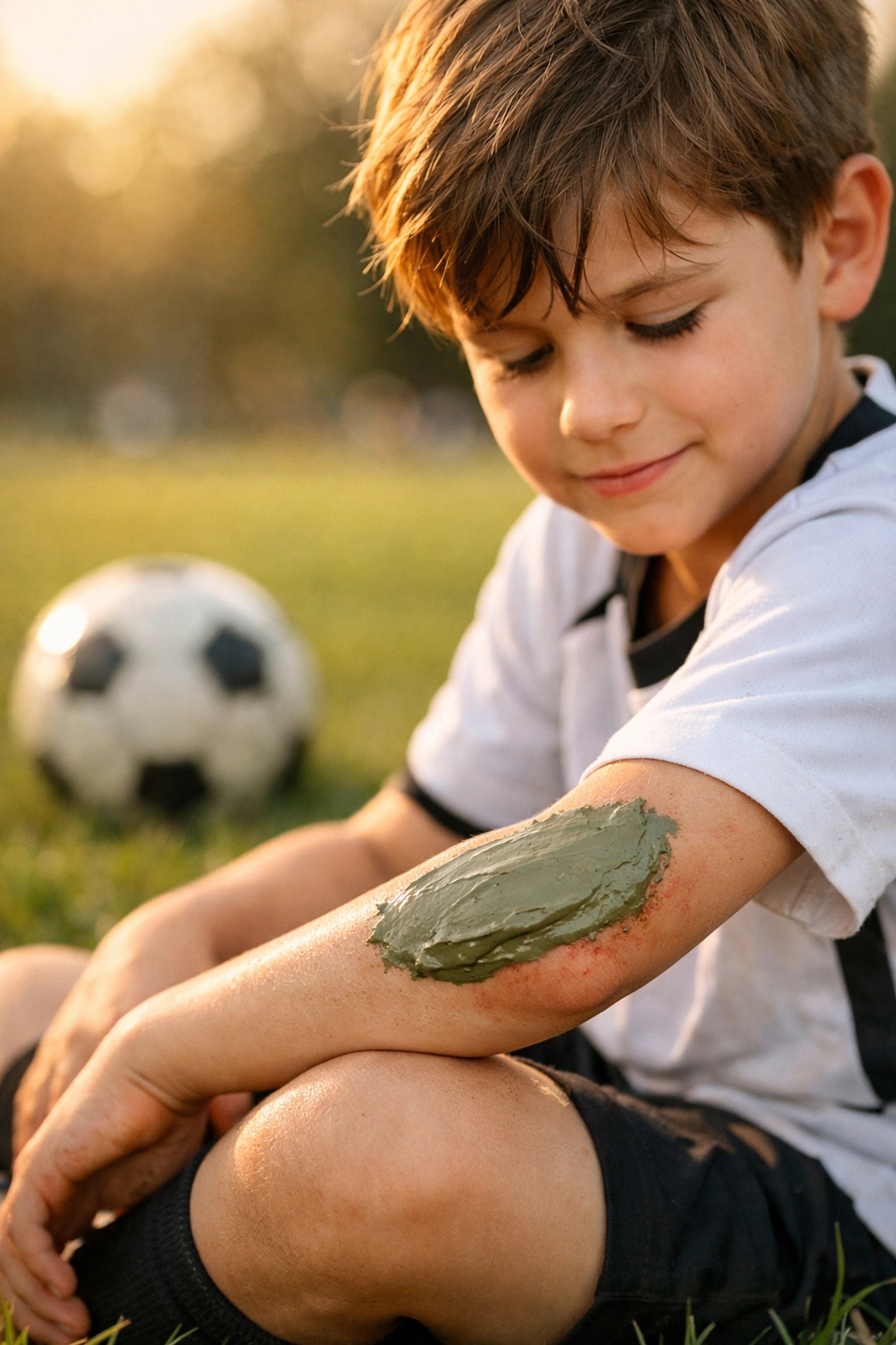 Young soccer player using natural green mineral clay as a healing treatment for skin during outdoor play.