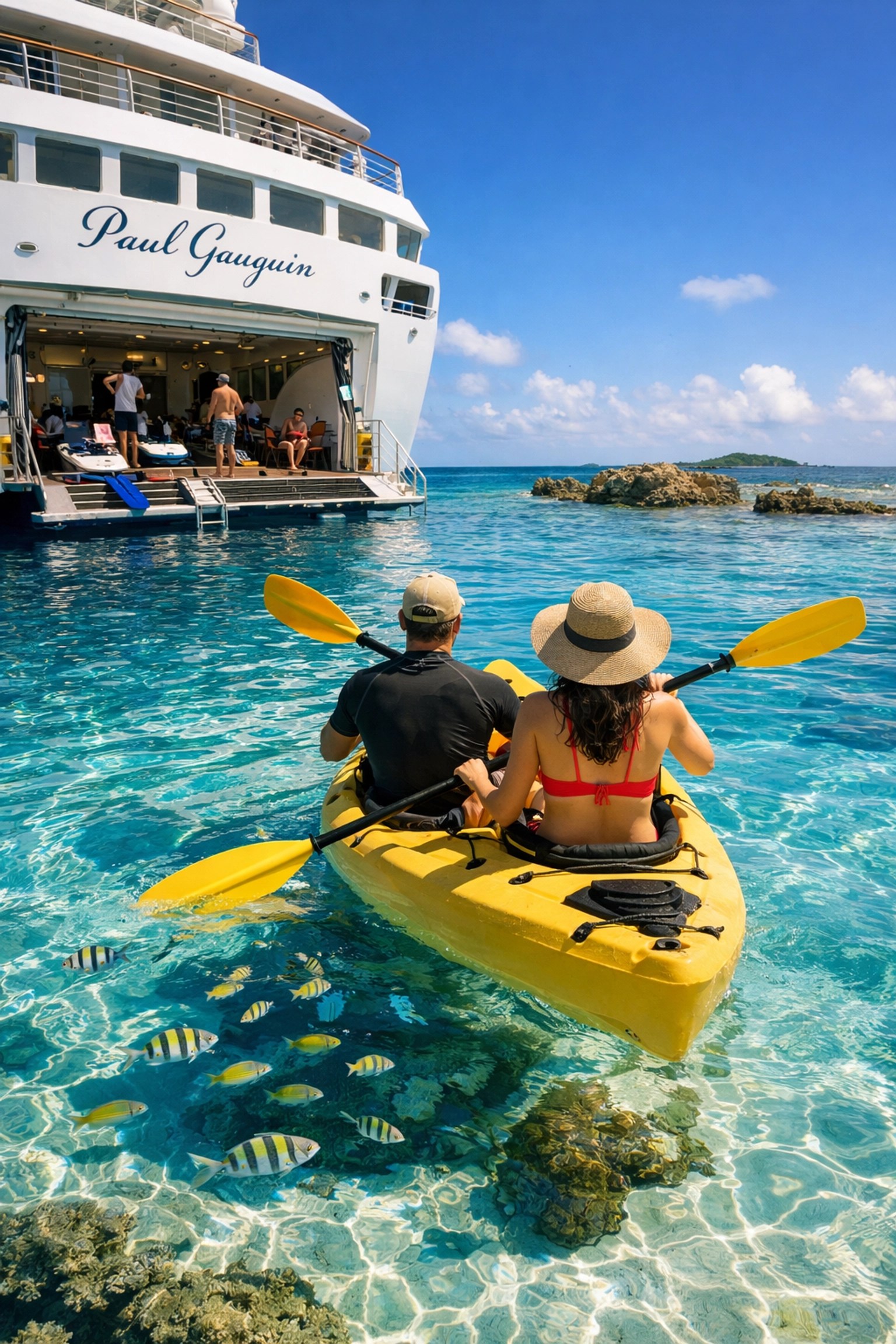Enjoying kayaking from the Paul Gauguin Cruises onboard watersports marina in a clear lagoon.