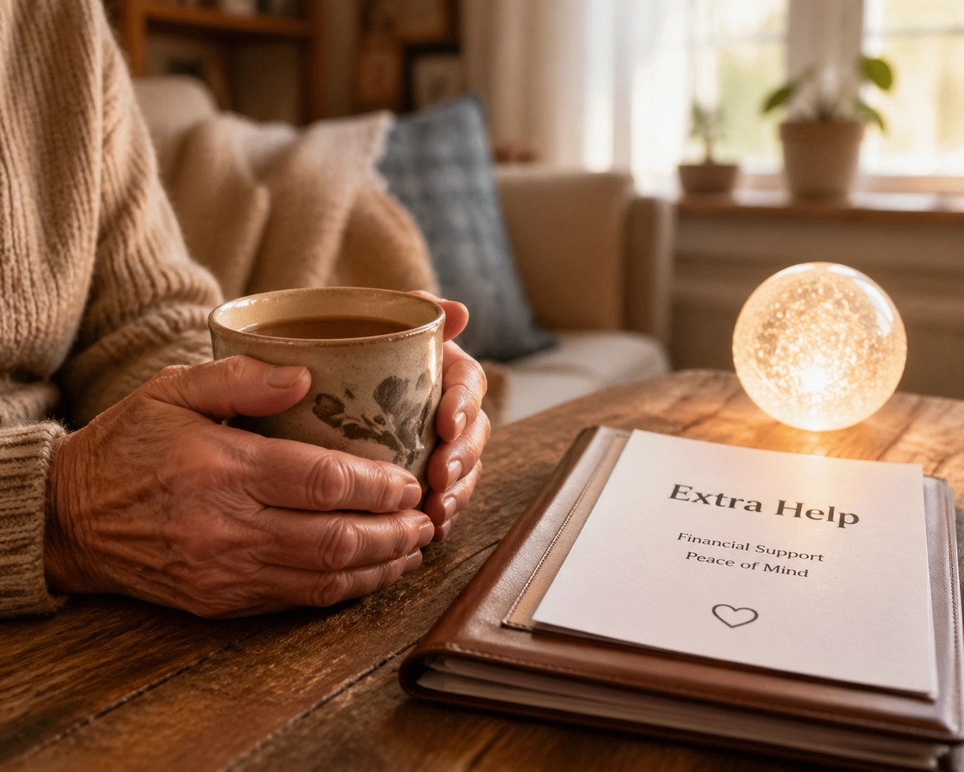 Senior hands with a mug near documents, symbolizing financial security through the Medicare Extra Help program.