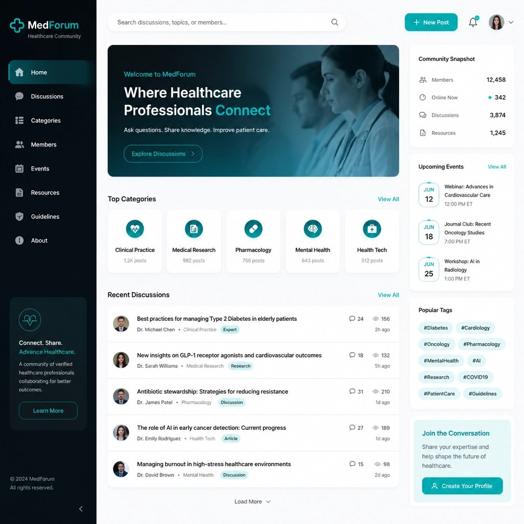 A minimalist UI mockup of the NeedAnOptom community forum, designed for clinical collaboration and standardisation.