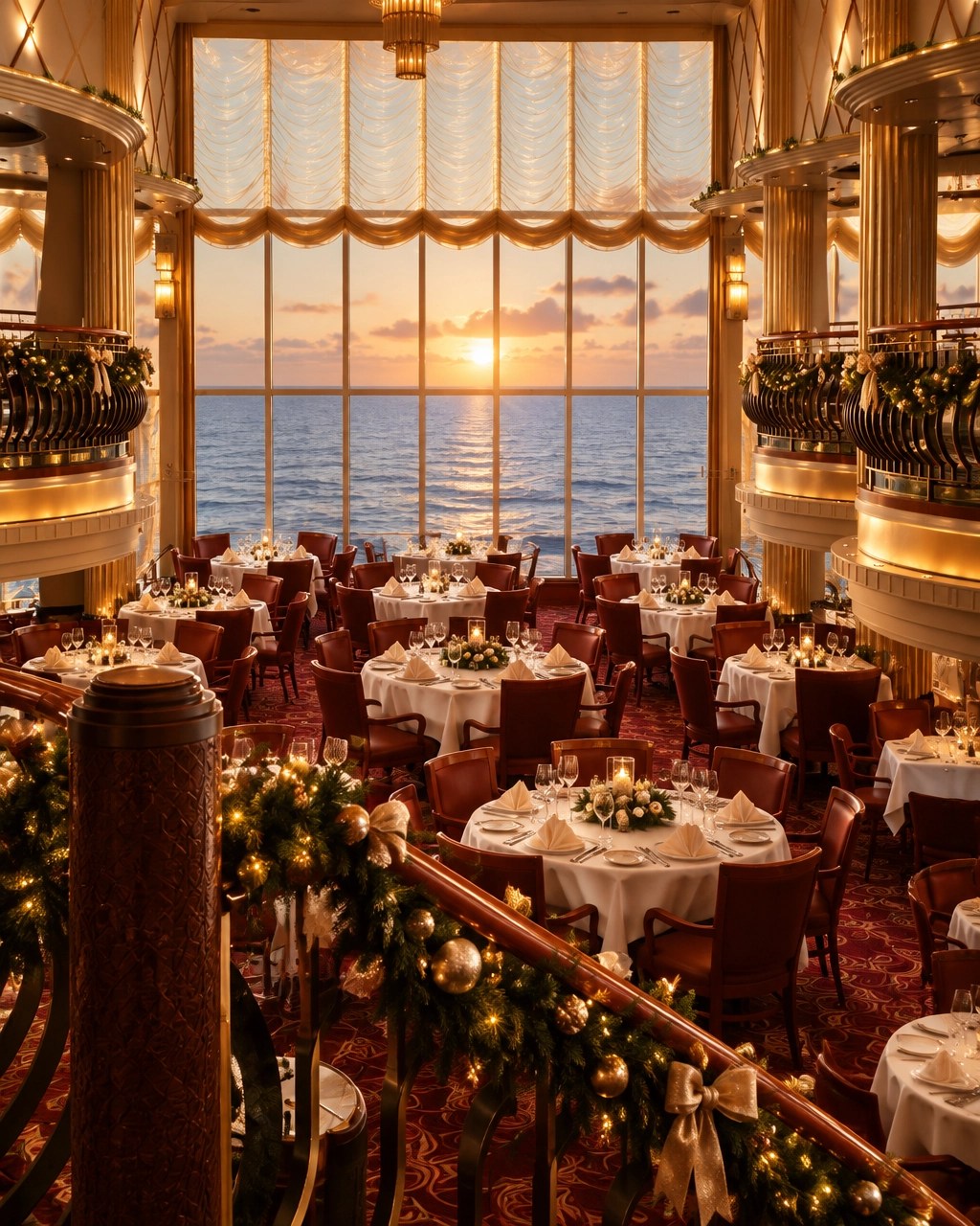 Elegant empty cruise dining room prepared for a festive holiday sailing with warm lighting, polished glassware, and subtle seasonal accents
