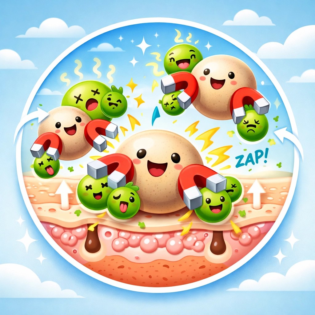 Cartoon showing how natural clay in deodorants works to trap odors and keep skin fresh.