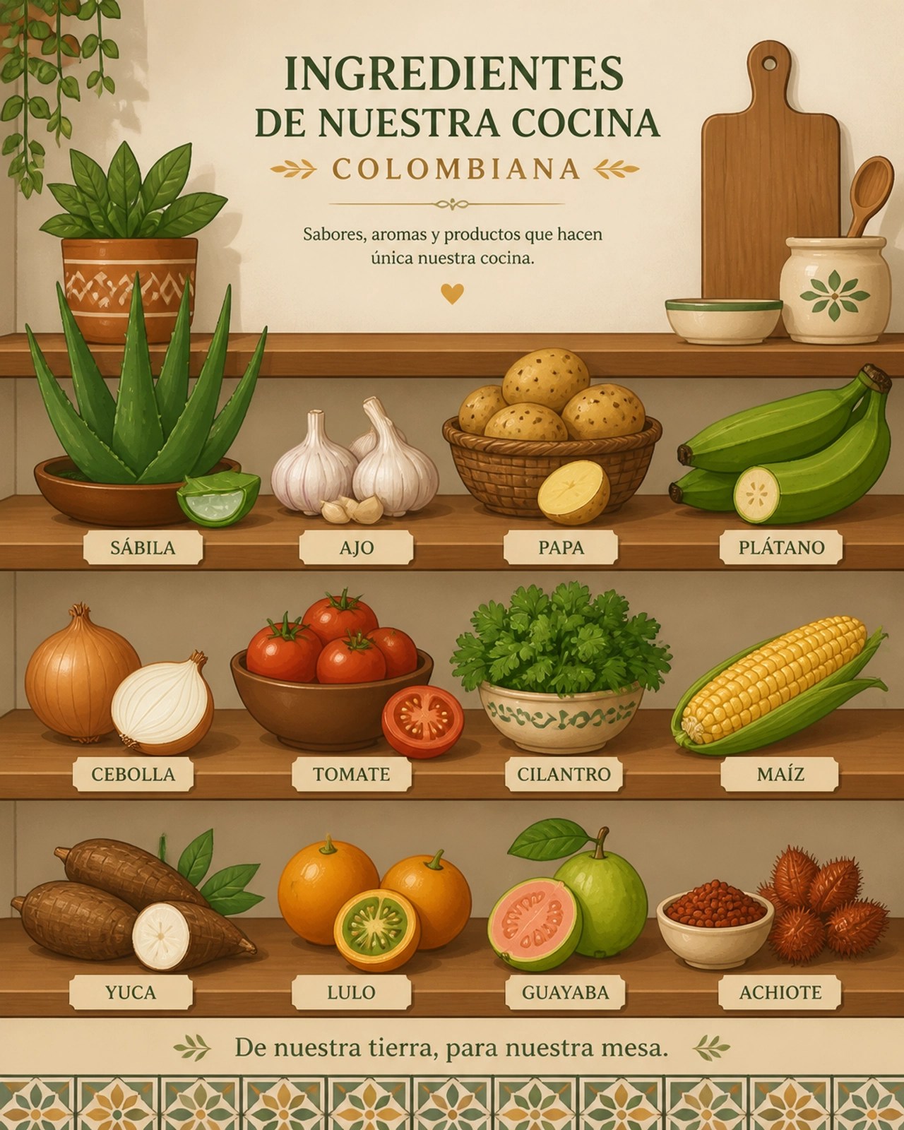 Ilustración de estantería con ingredientes naturales colombianos como sábila, ajo y papas