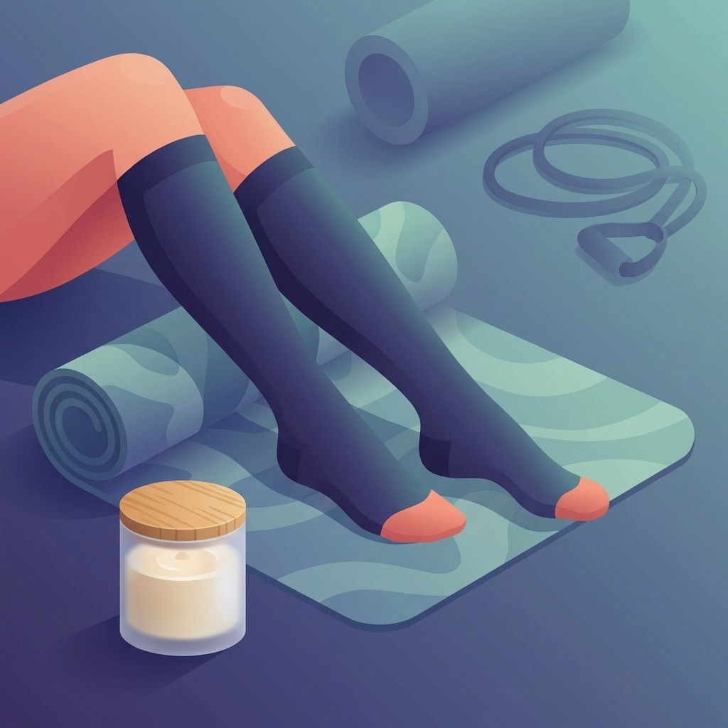 Illustration of post-workout recovery with CBD topical cream, yoga mat, foam roller, and resistance band.