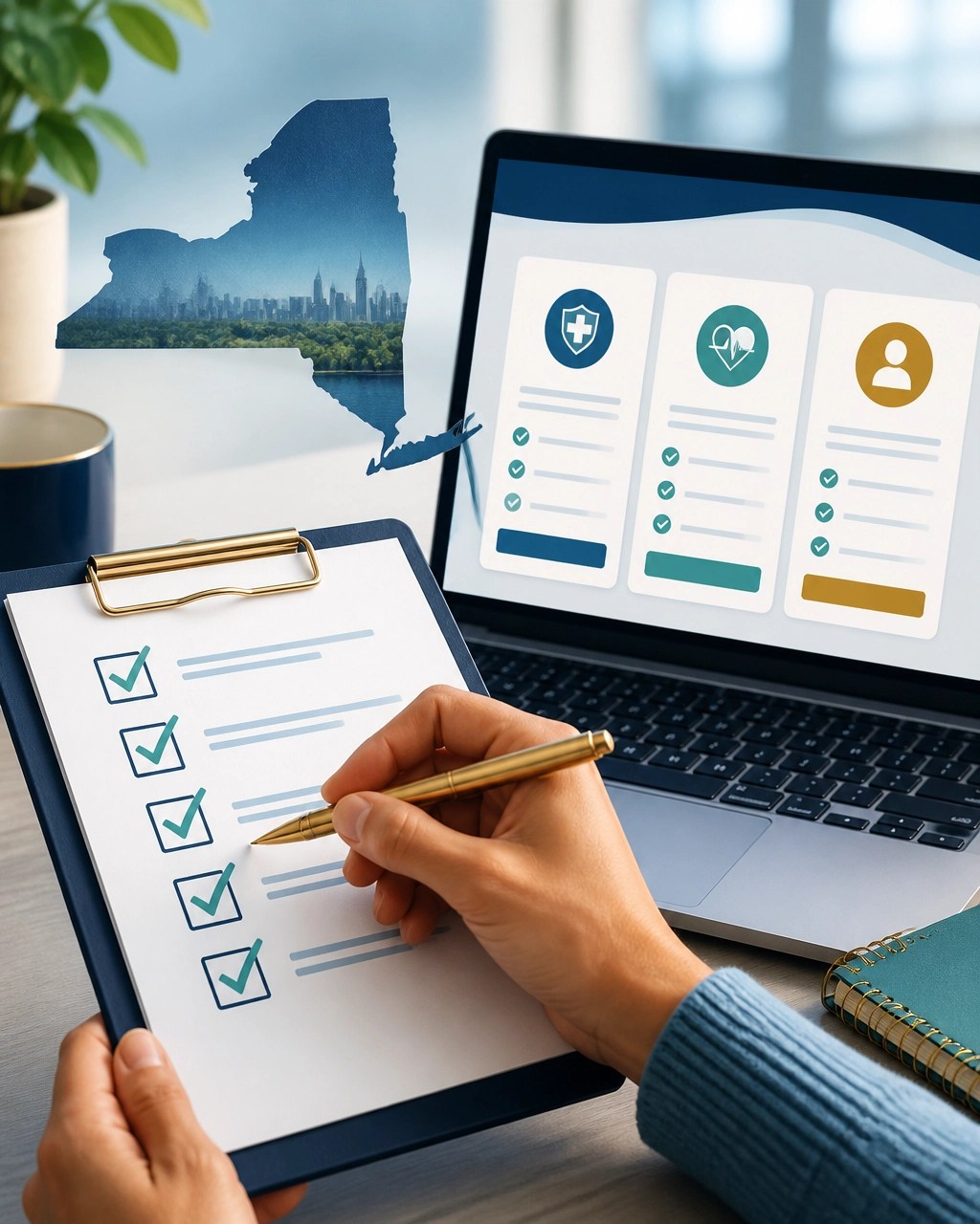 A New York health insurance enrollment checklist beside a laptop and plan comparison information