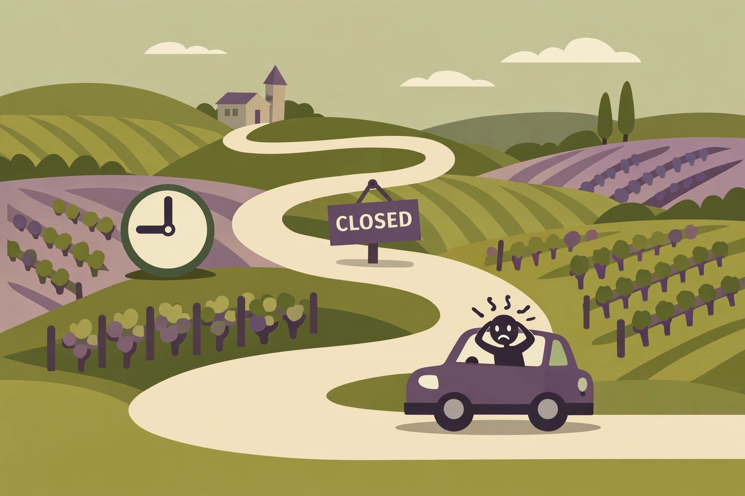 Illustration of travel logistics hurdles like navigation and timing on a DIY wine tour.