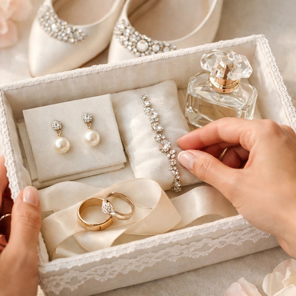 Wedding details organized in box including rings, jewelry and shoes for Kent wedding day