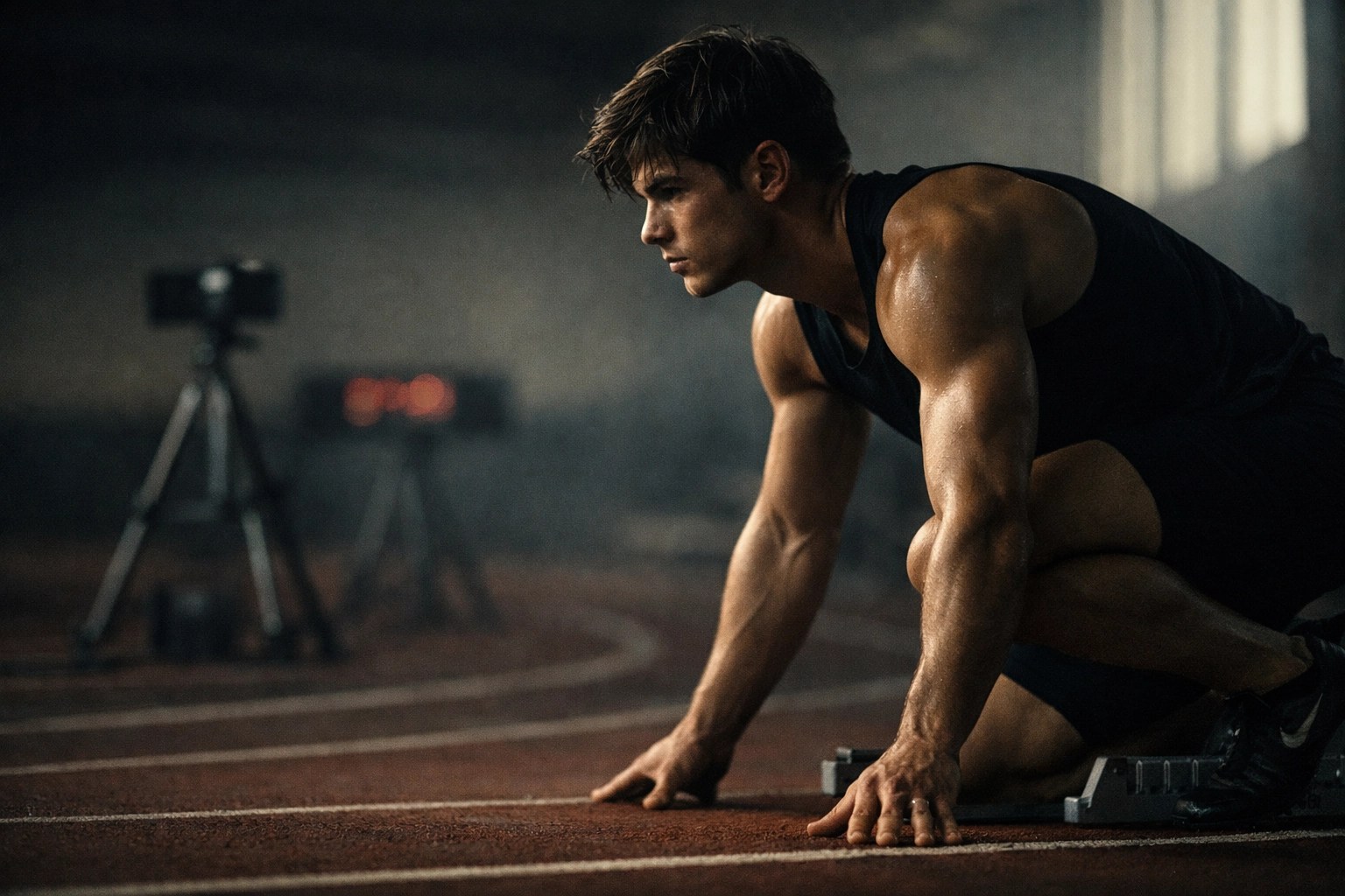 Track athlete in proper starting position practicing technique on indoor track during off-season
