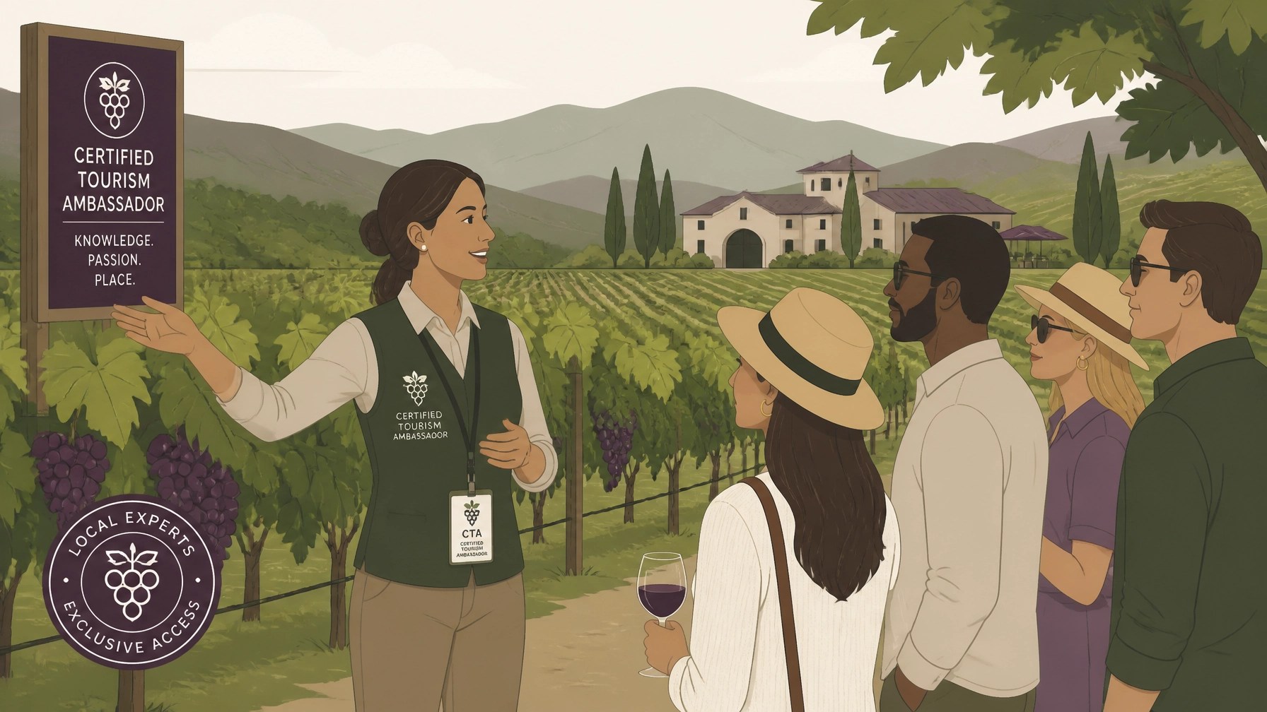 A professional Certified Tourism Ambassador guide educating a group about the vineyard's history and wine-making process