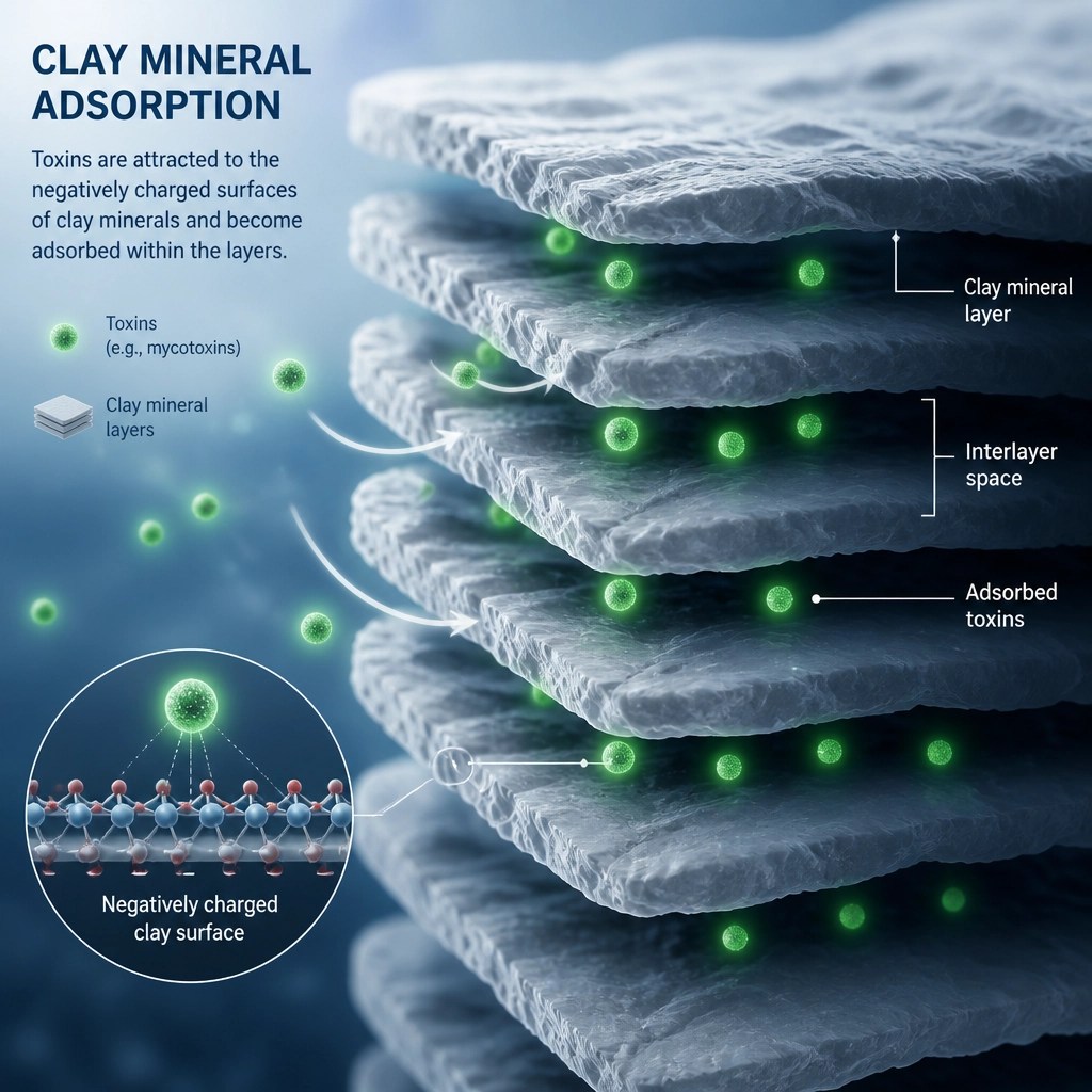 Conceptual scientific illustration of clay minerals adsorbing toxins