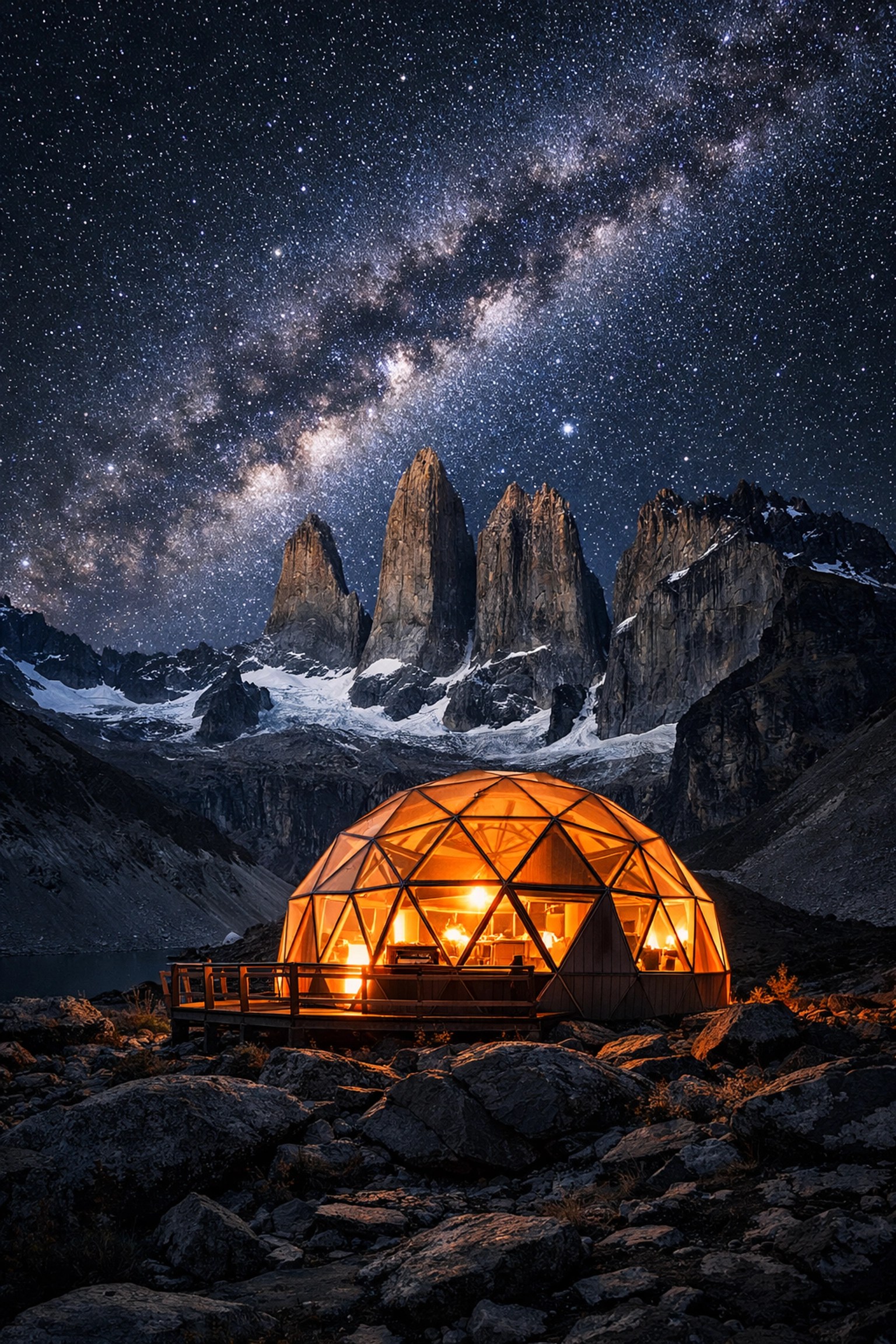 Illuminated eco-dome under a starry sky in Patagonia, offering unique travel experiences away from crowds.