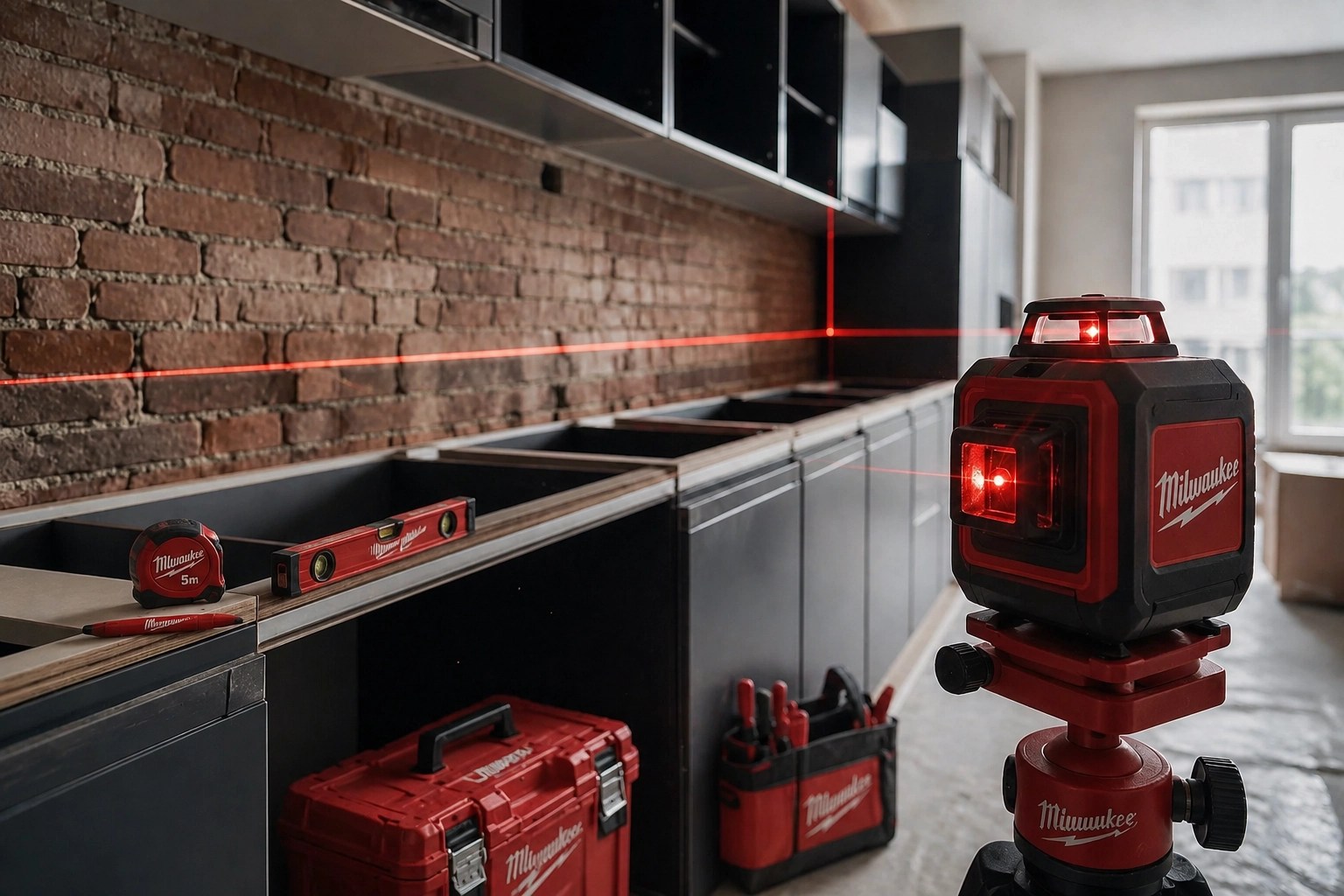 Utilisation d'un niveau laser de précision pour l'alignement des armoires dans une cuisine en rénovation.