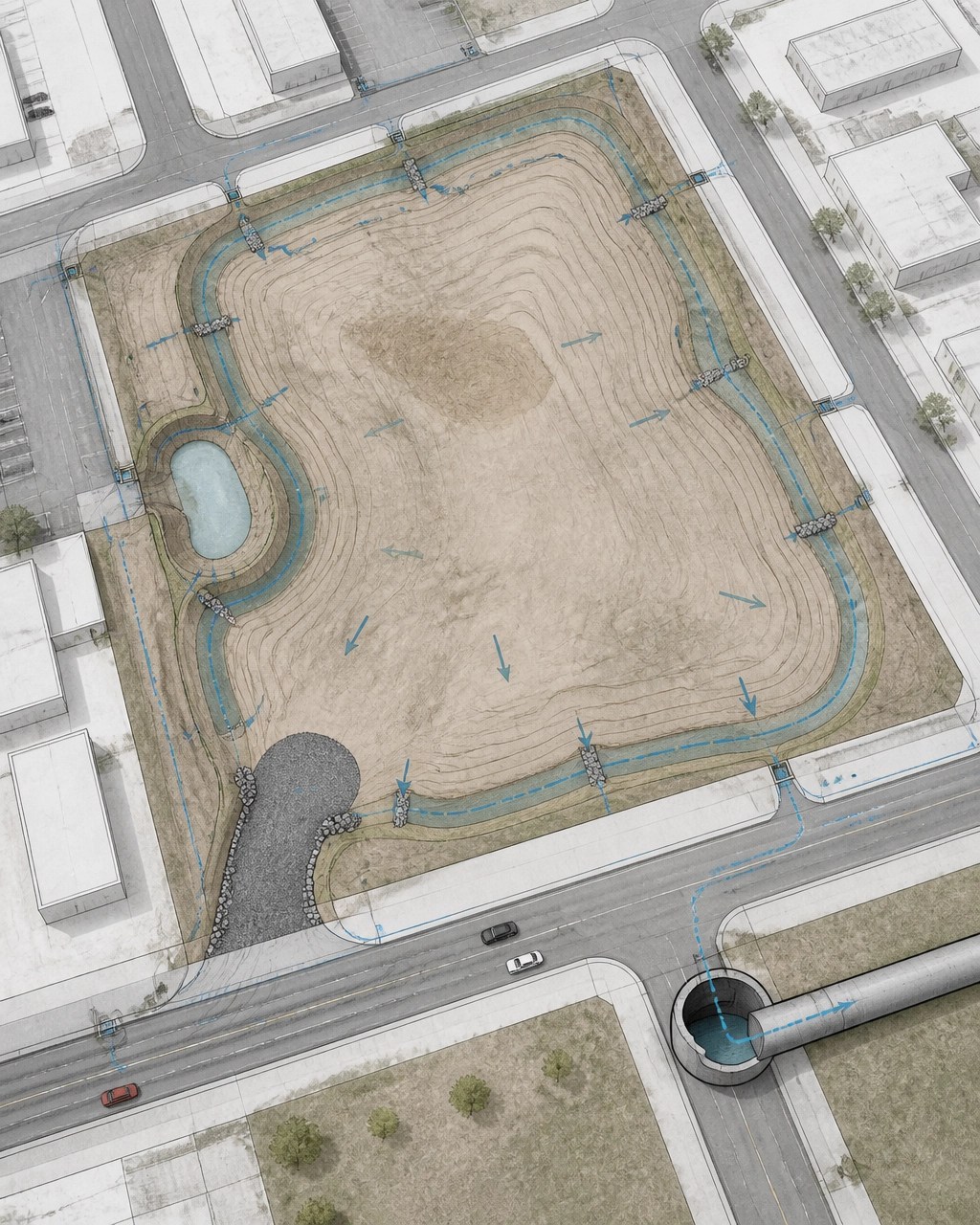 Technical site plan cutaway showing Newark redevelopment grading contours, temporary swales, sediment trap, inlet protection, stabilized entrance, and storm sewer discharge path
