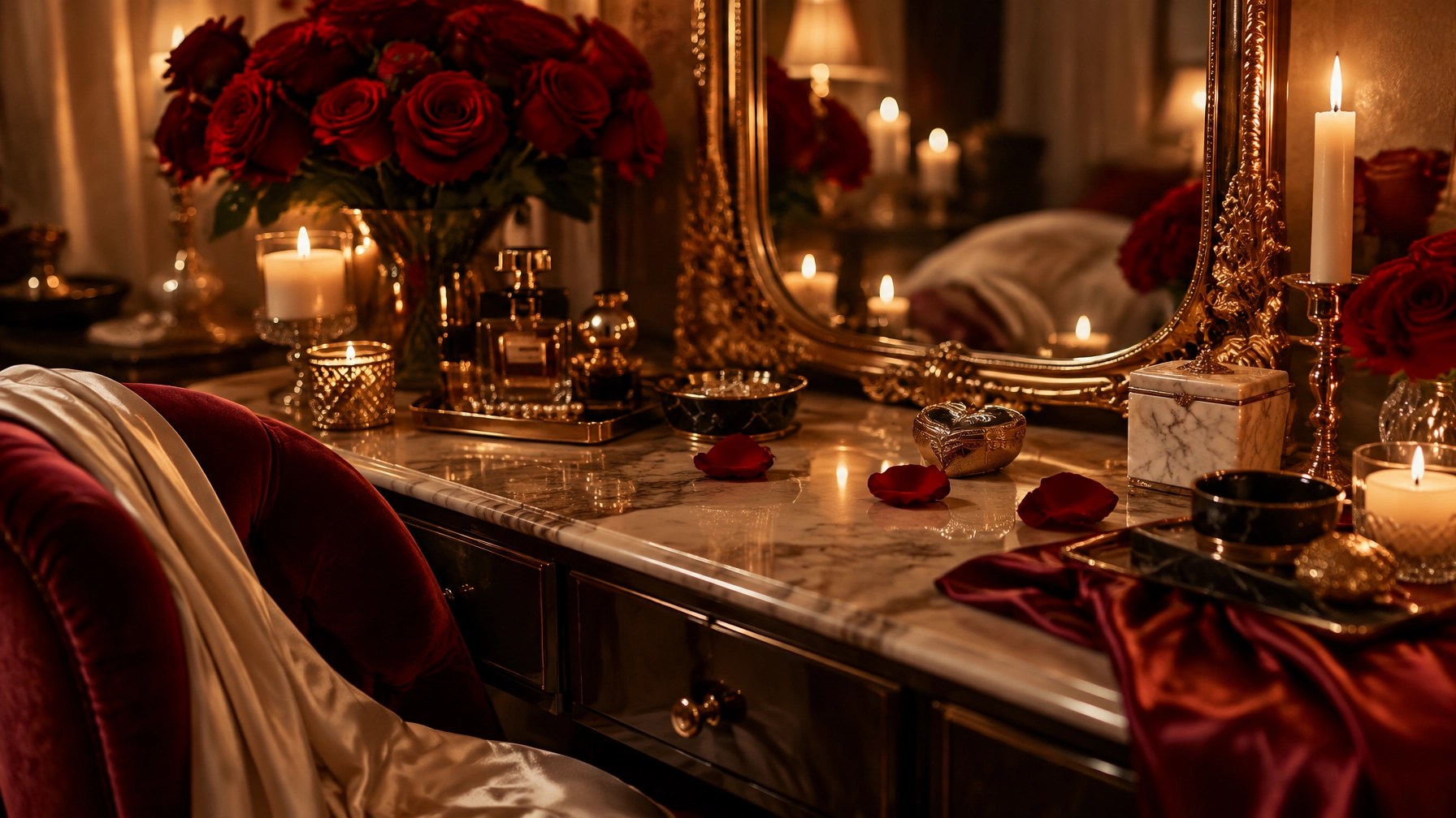 Luxury marble vanity with red roses and candles for a feminine energy morning ritual and manifesting love